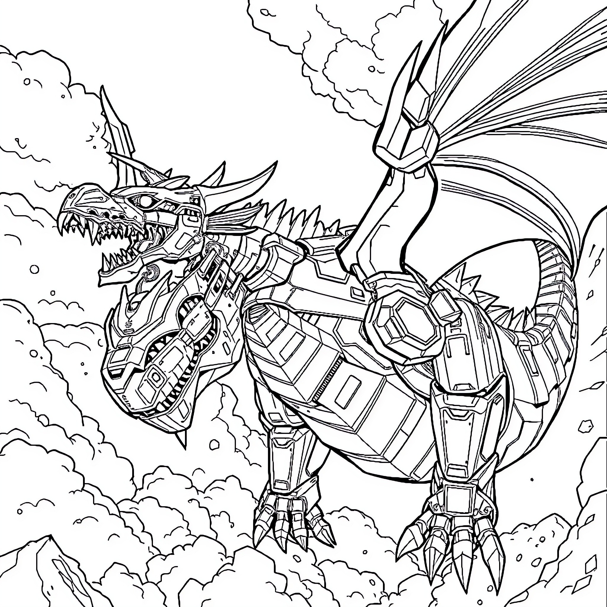 Robot Dragon Battling Amidst Clouds and Smoke Coloring Page (free black-and-white line drawing printable PDF for all, from beginners to advanced learners, including children, teens, adults, and seniors)