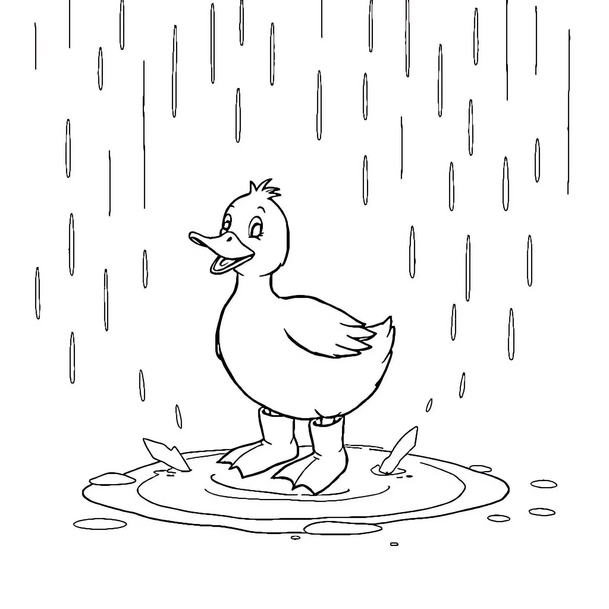 Duck enjoying the rain Coloring Page (free black-and-white line drawing printable PDF for all, from beginners to advanced learners, including children, teens, adults, and seniors)