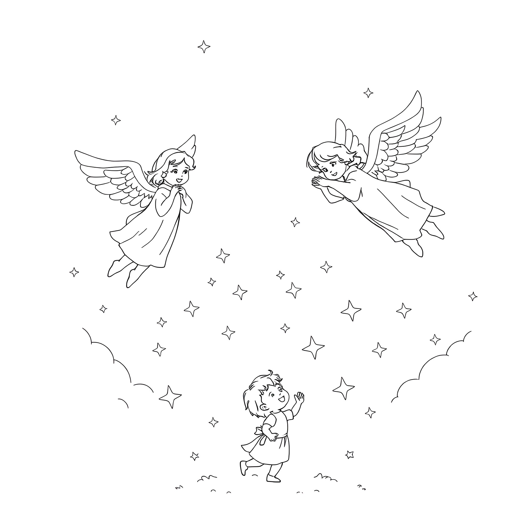 Angel Figures Flying with Twinkling Stars Coloring Page (free black-and-white line drawing printable PDF for all, from beginners to advanced learners, including children, teens, adults, and seniors)