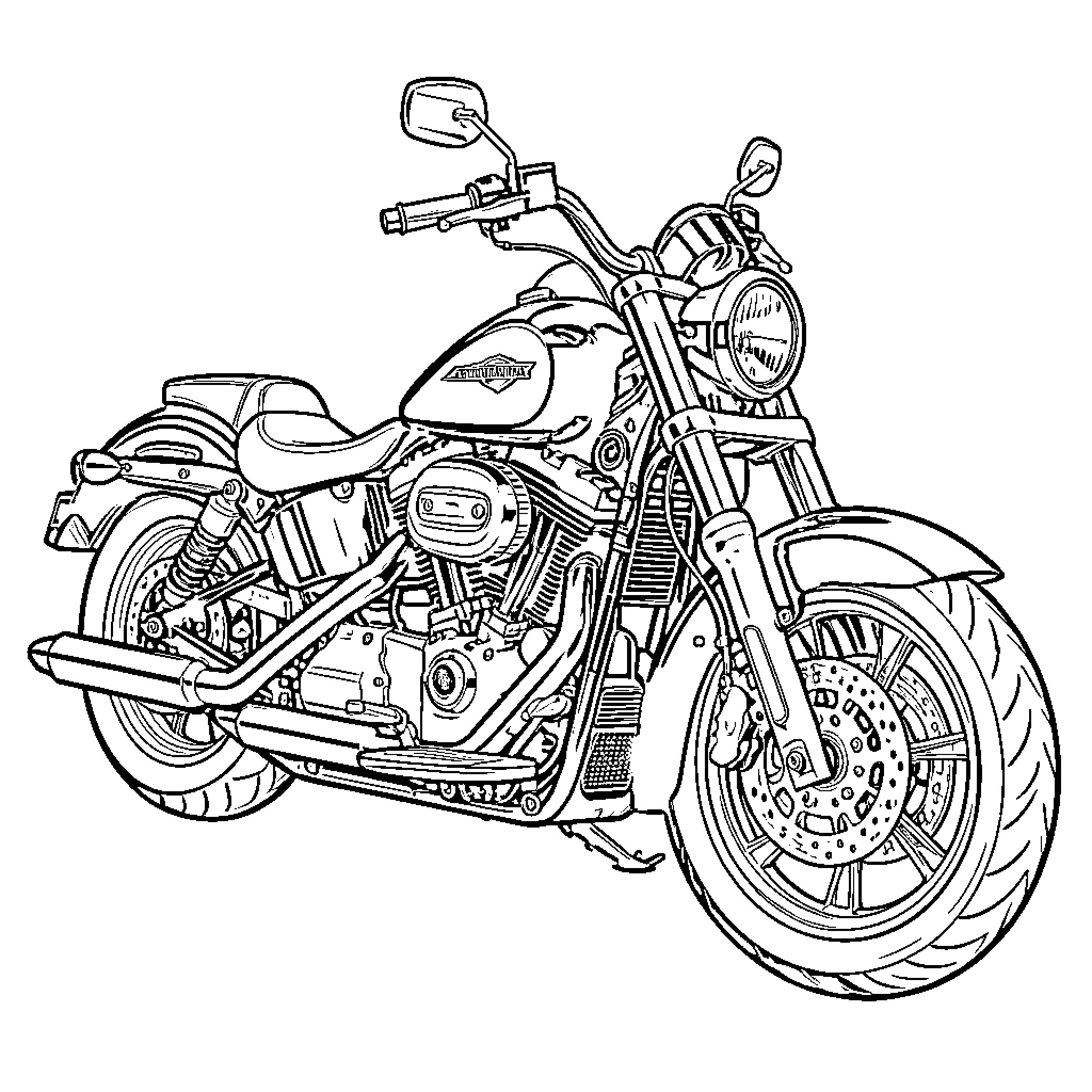 Harley Davidson motorcycle in detailed outline Coloring Page (free black-and-white line drawing printable PDF for all, from beginners to advanced learners, including children, teens, adults, and seniors)