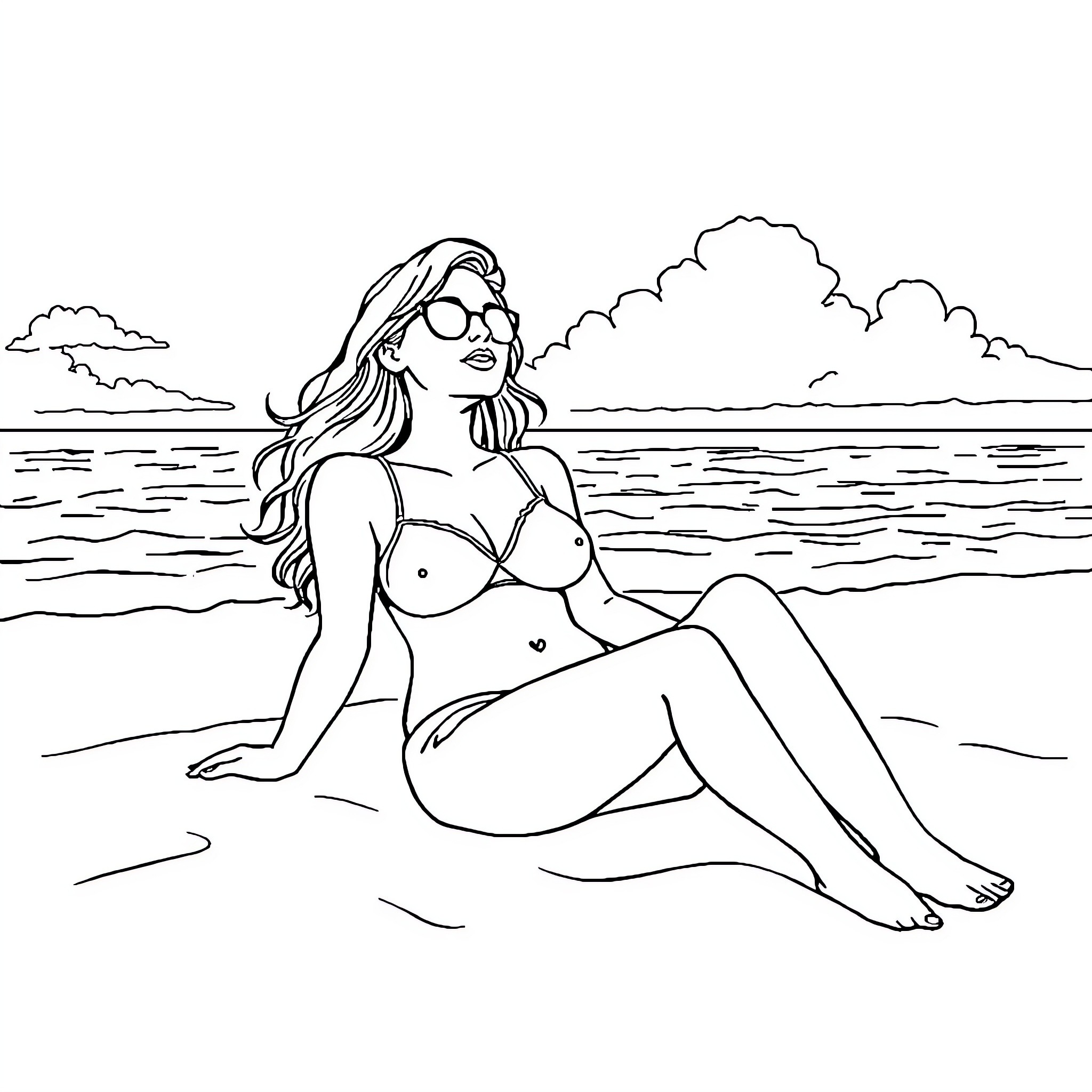 Woman relaxing on the beach in swimwear Coloring Page (free black-and-white line drawing printable PDF for all, from beginners to advanced learners, including children, teens, adults, and seniors)