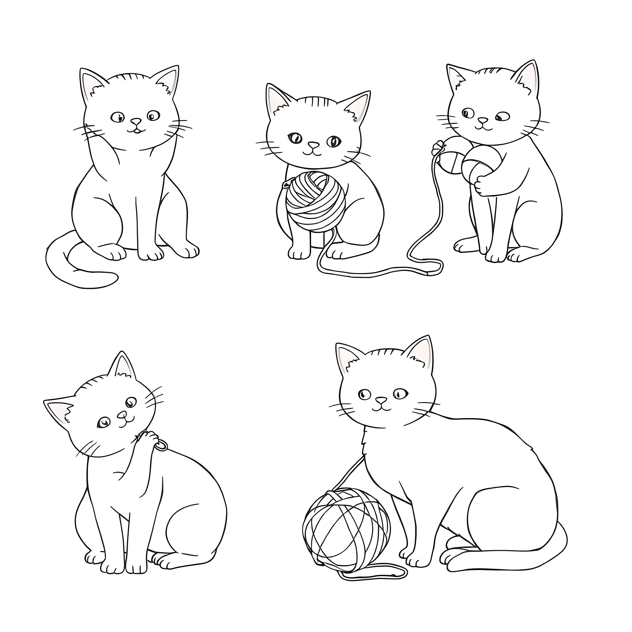 Cats in various playful poses Coloring Page (free black-and-white line drawing printable PDF for all, from beginners to advanced learners, including children, teens, adults, and seniors)