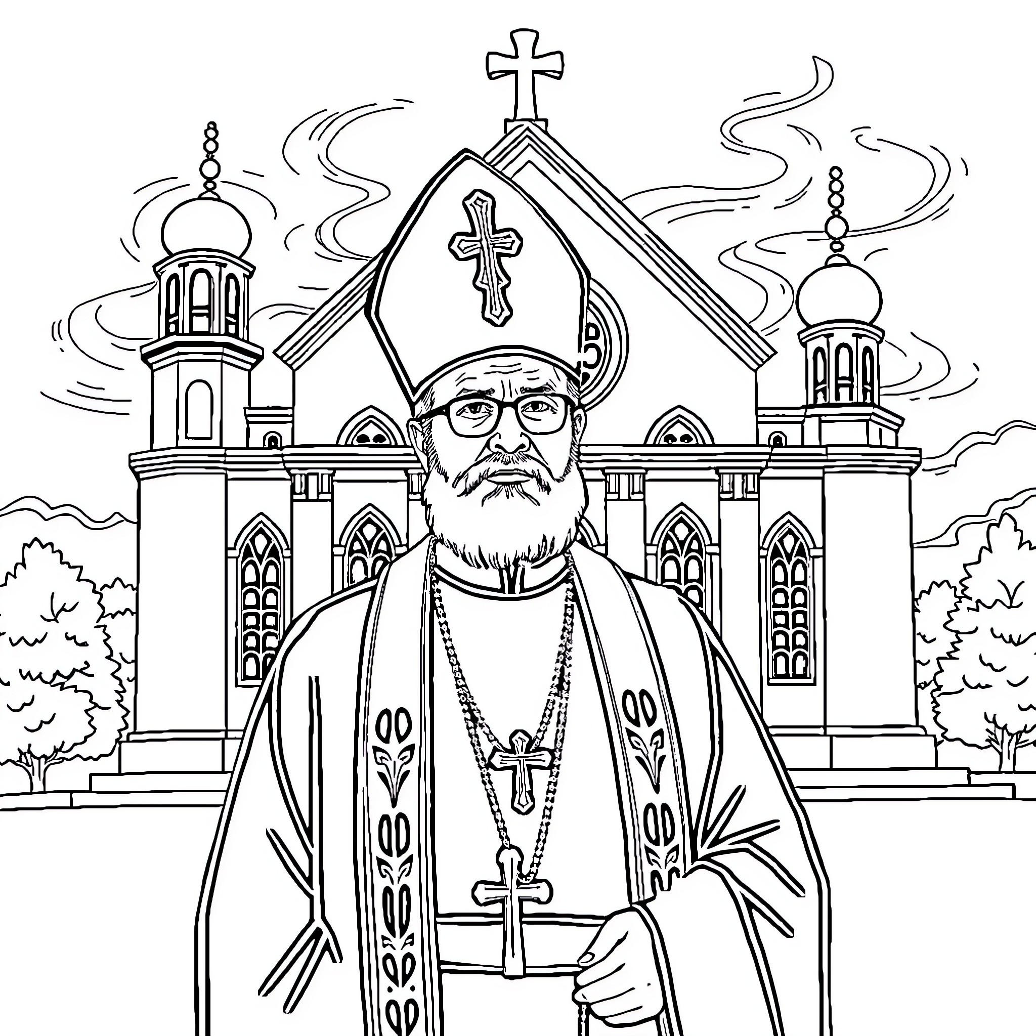 Bishop leading a procession before a grand cathedral Coloring Page (free black-and-white line drawing printable PDF for all, from beginners to advanced learners, including children, teens, adults, and seniors)