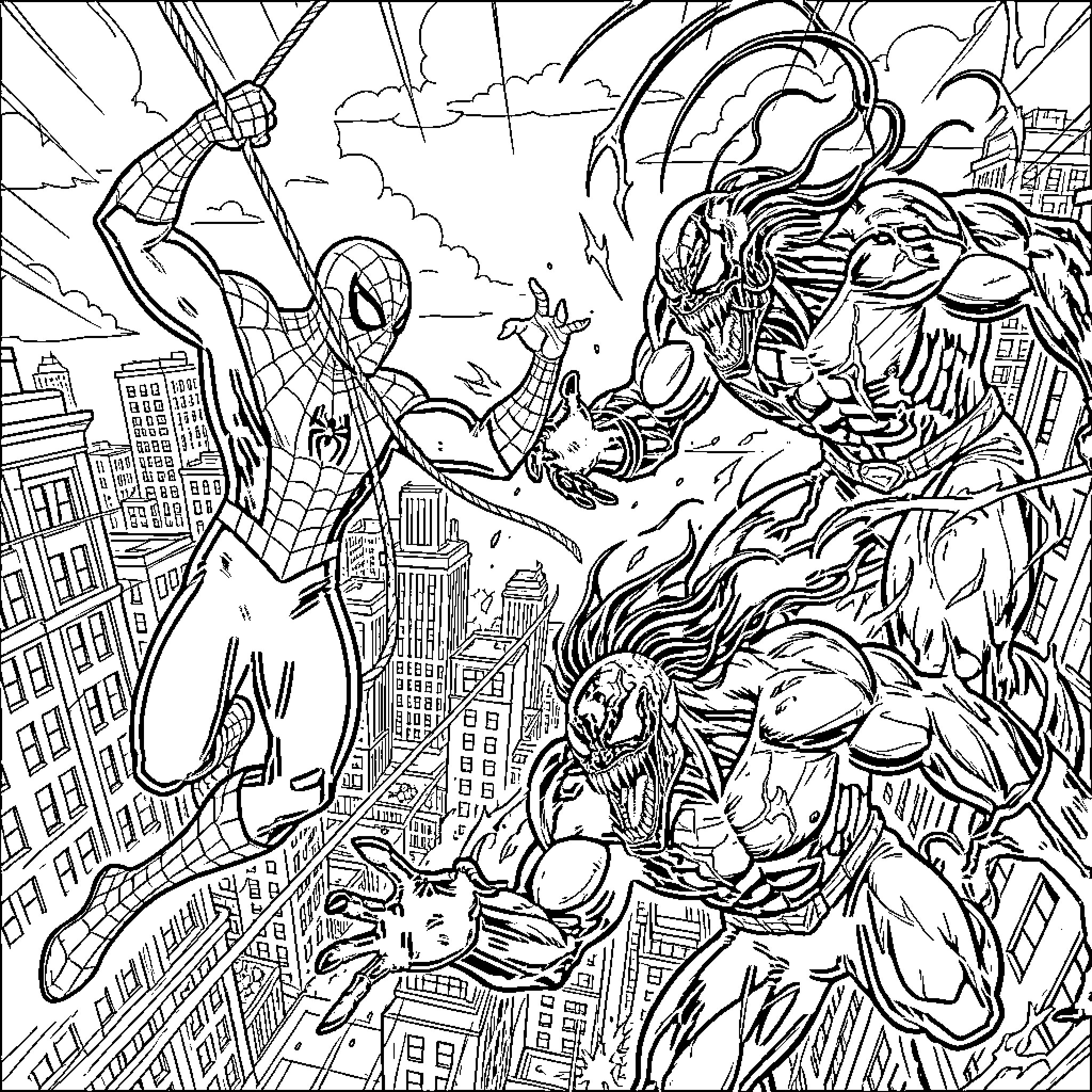 Spiderman battles fearsome villains in epic cityscape Coloring Page (free black-and-white line drawing printable PDF for all, from beginners to advanced learners, including children, teens, adults, and seniors)