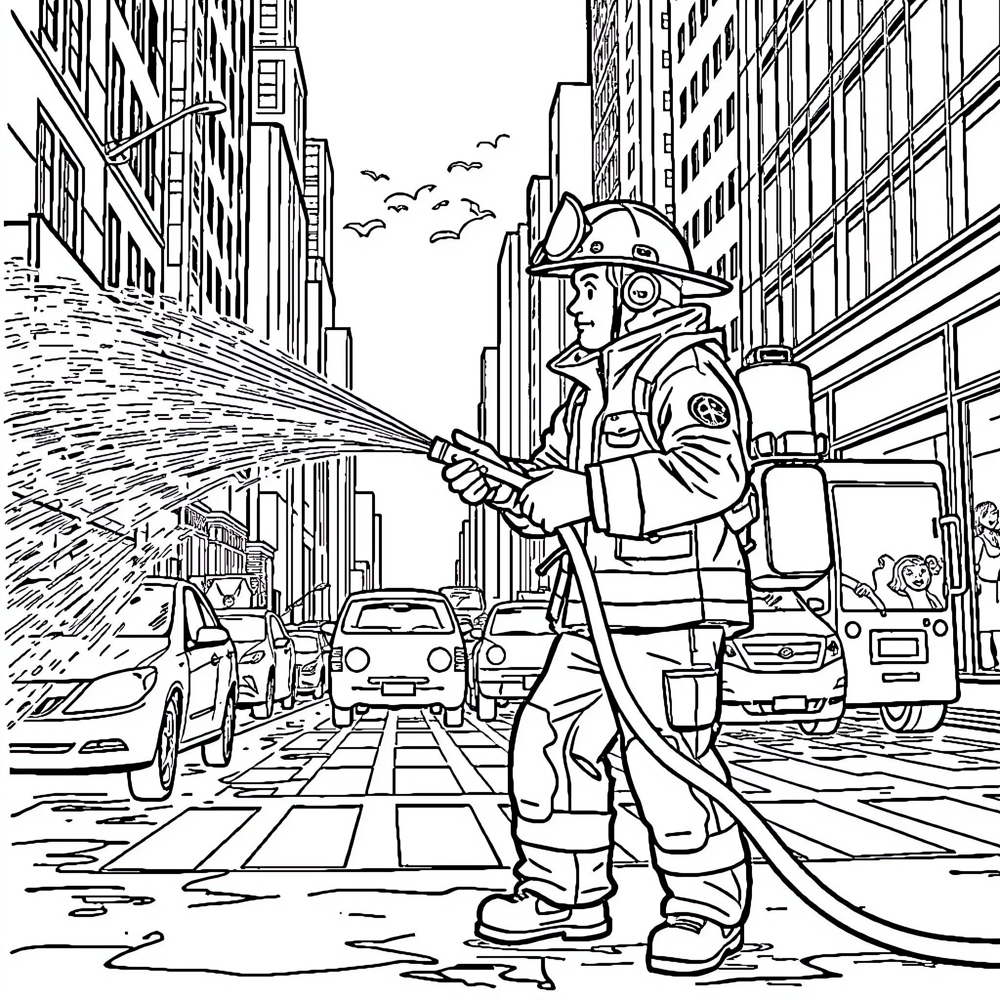 Firefighter tackling a fire in the city Coloring Page (free black-and-white line drawing printable PDF for all, from beginners to advanced learners, including children, teens, adults, and seniors)