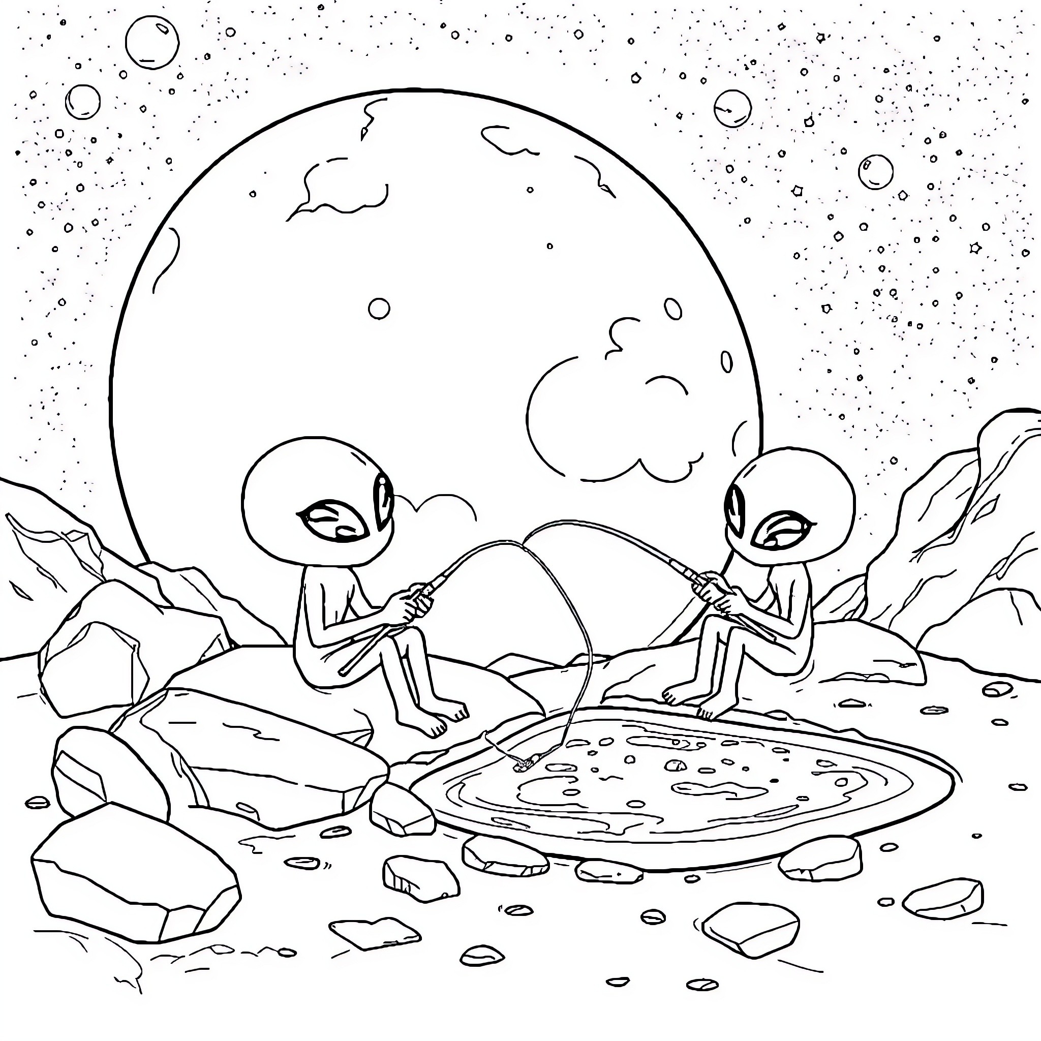 Martian Aliens Exploring Mysterious Landscape Coloring Page (free black-and-white line drawing printable PDF for all, from beginners to advanced learners, including children, teens, adults, and seniors)