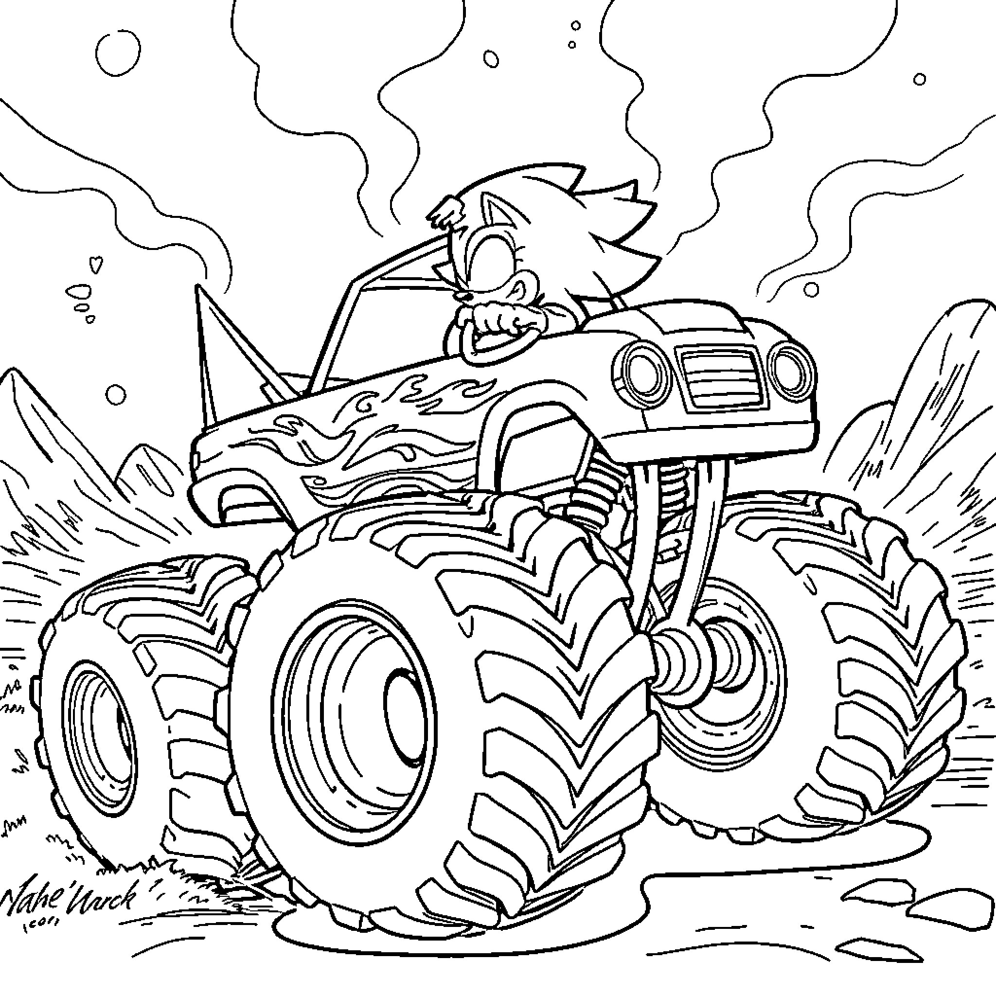 Sonic's Extreme Monster Truck Adventure Coloring Page (free black-and-white line drawing printable PDF for all, from beginners to advanced learners, including children, teens, adults, and seniors)