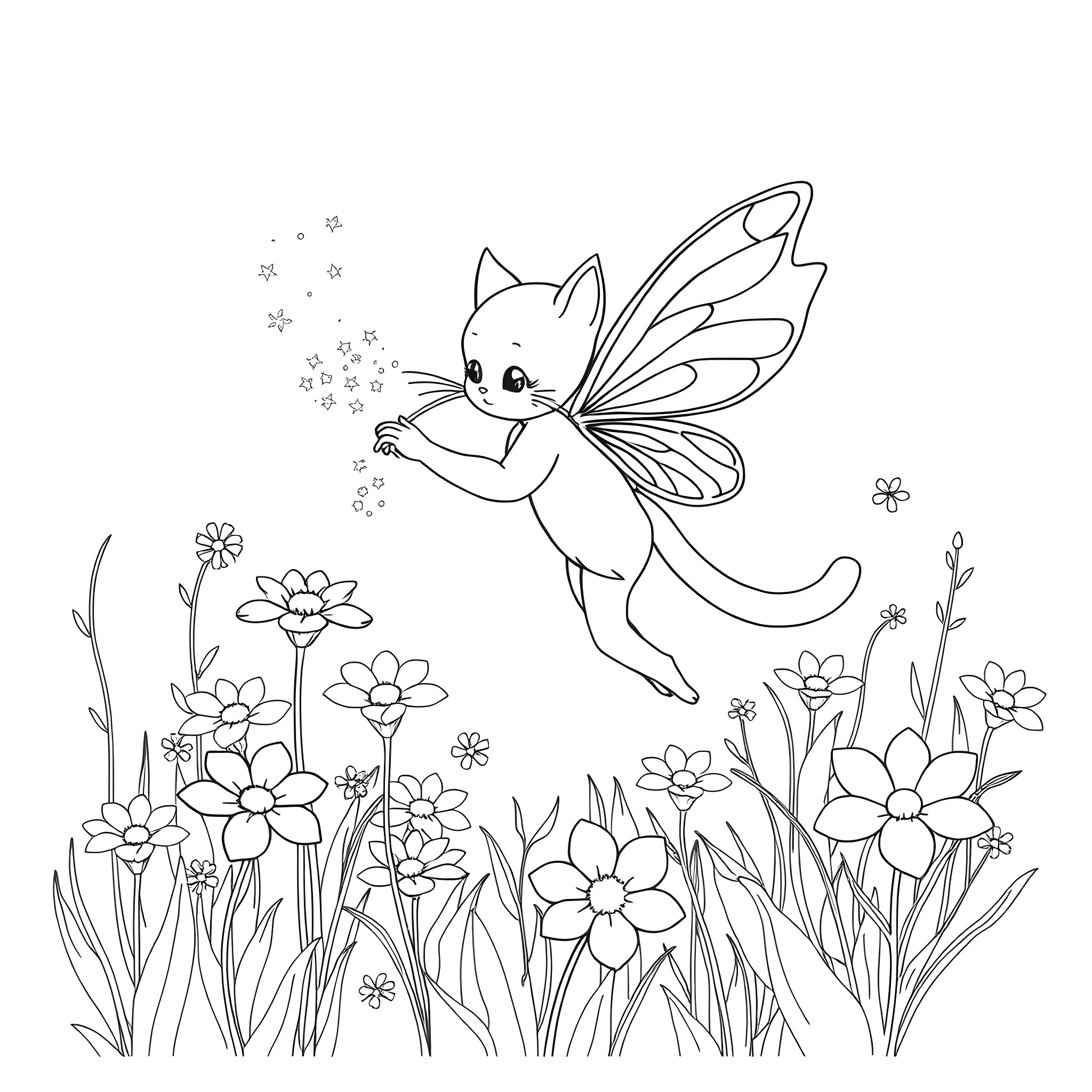 Cat fairy flying among flowers Coloring Page (free black-and-white line drawing printable PDF for all, from beginners to advanced learners, including children, teens, adults, and seniors)
