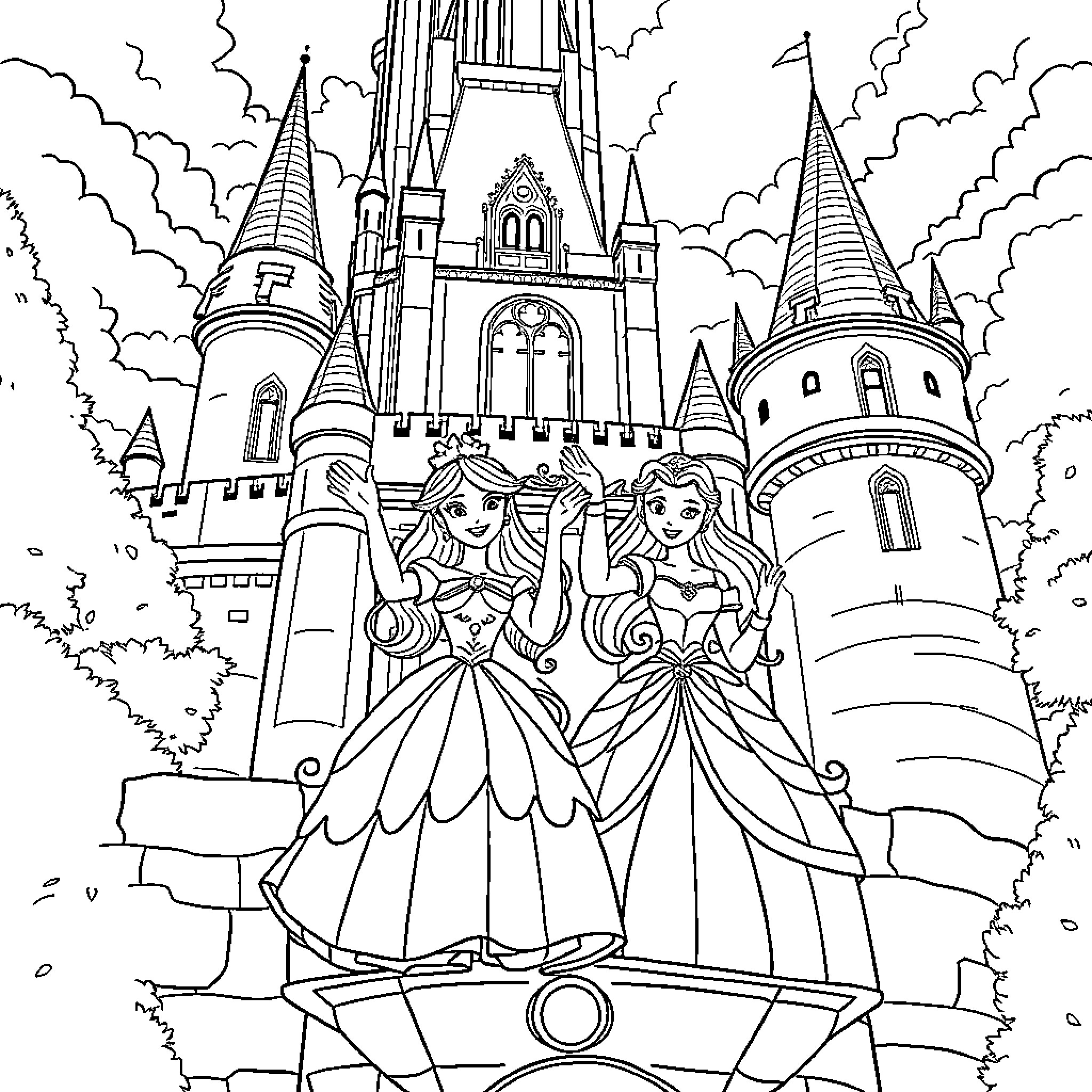 Princess duo in elegant gowns before majestic castle Coloring Page (free black-and-white line drawing printable PDF for all, from beginners to advanced learners, including children, teens, adults, and seniors)