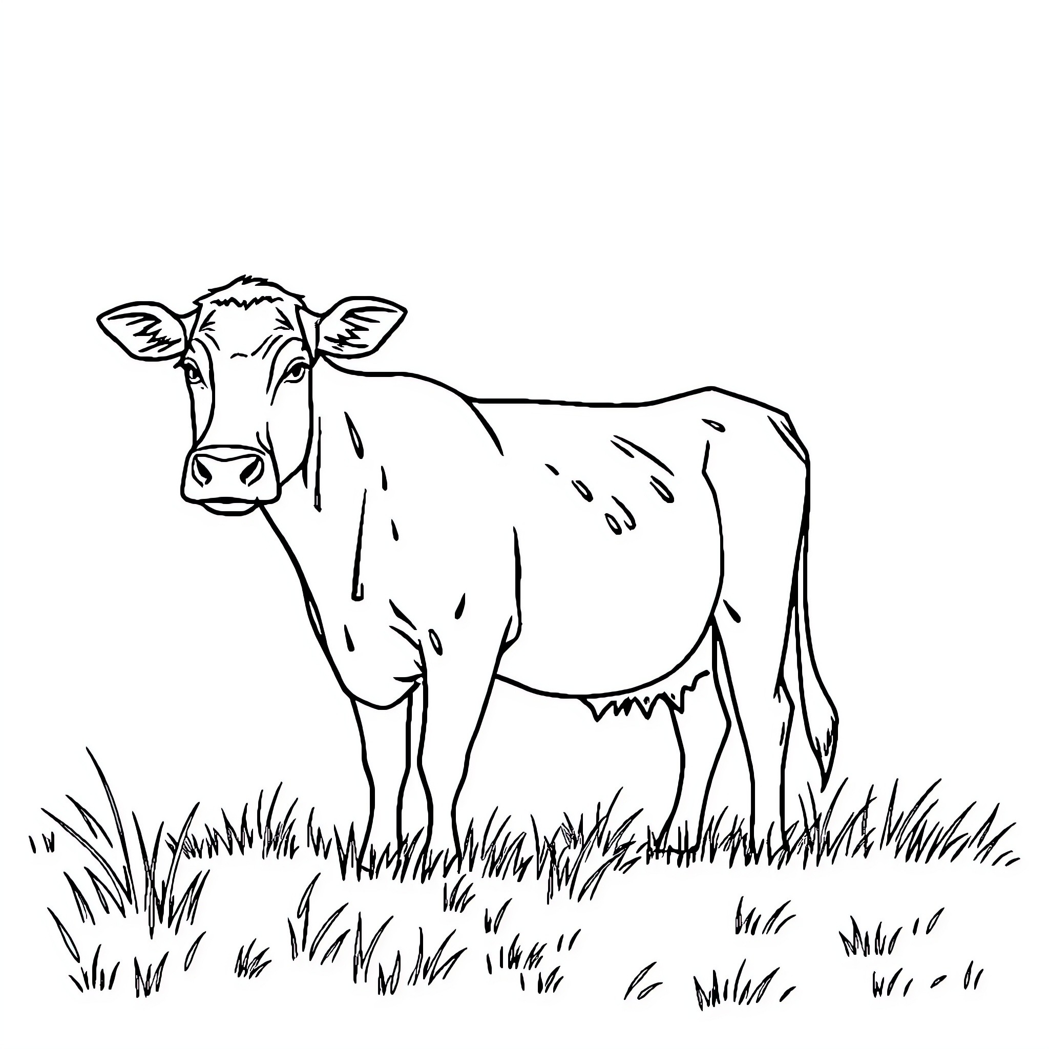 Cow standing in grassy field Coloring Page (free black-and-white line drawing printable PDF for all, from beginners to advanced learners, including children, teens, adults, and seniors)