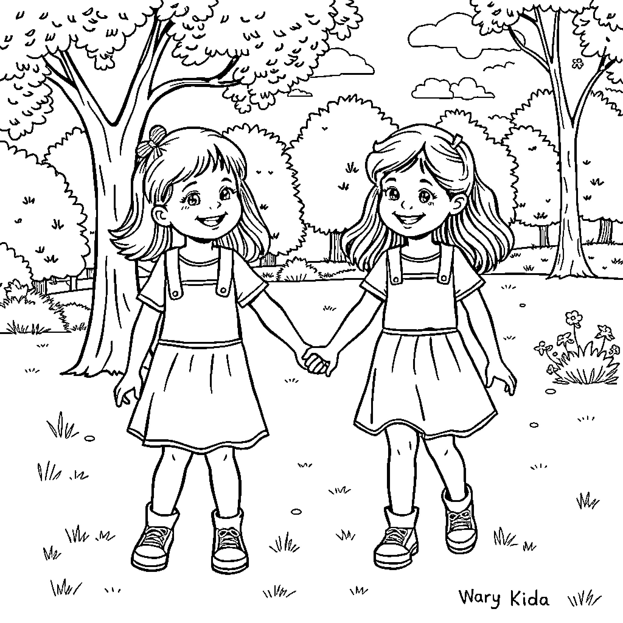 Girl friends exploring the outdoors together Coloring Page (free black-and-white line drawing printable PDF for all, from beginners to advanced learners, including children, teens, adults, and seniors)
