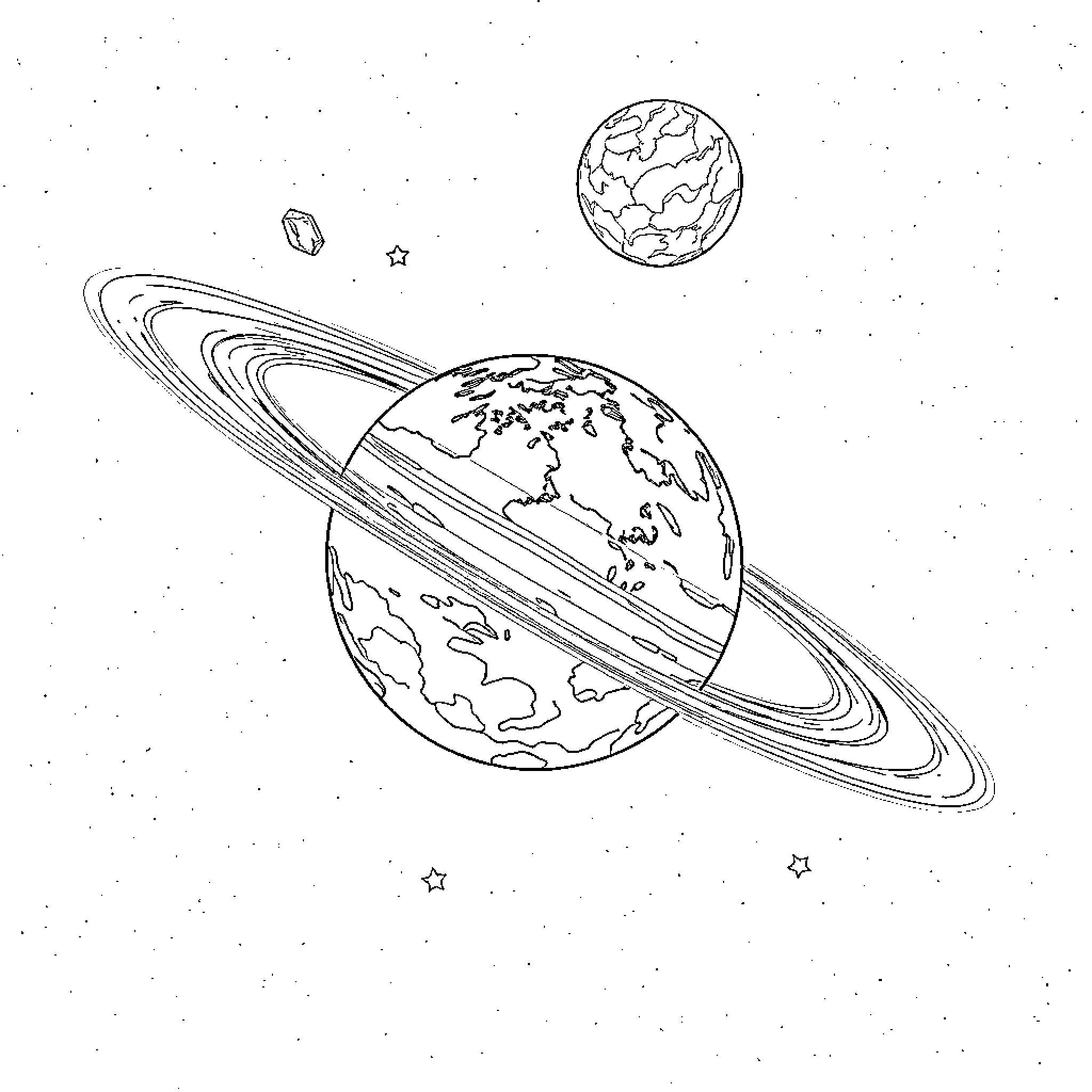 Planet Exploration in the Cosmos Coloring Page (free black-and-white line drawing printable PDF for all, from beginners to advanced learners, including children, teens, adults, and seniors)