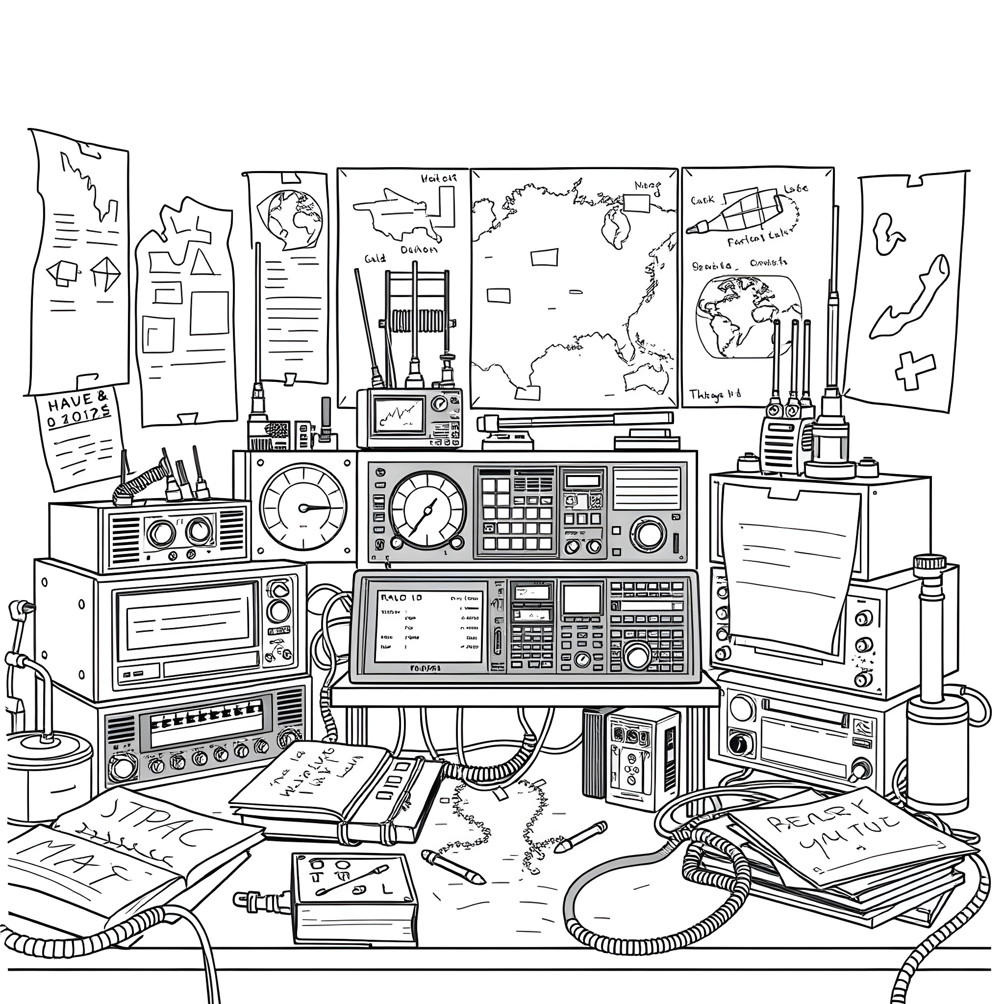 Ham Radio Enthusiast's Workspace with Diverse Equipment Coloring Page (free black-and-white line drawing printable PDF for all, from beginners to advanced learners, including children, teens, adults, and seniors)