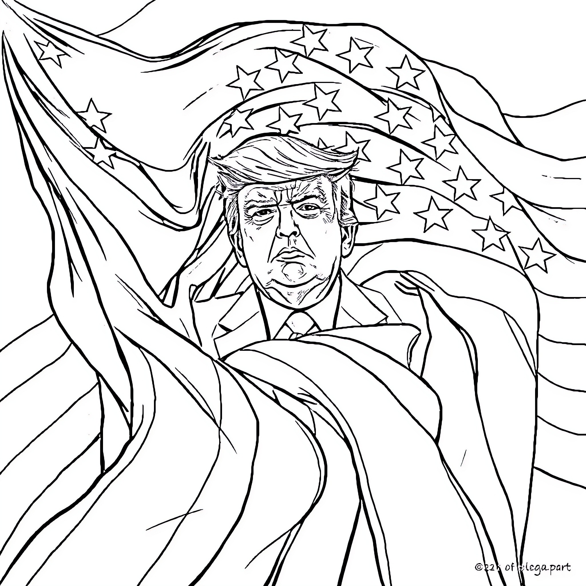 Trump's Solemn Gaze amid Waving Flag Coloring Page (free black-and-white line drawing printable PDF for all, from beginners to advanced learners, including children, teens, adults, and seniors)