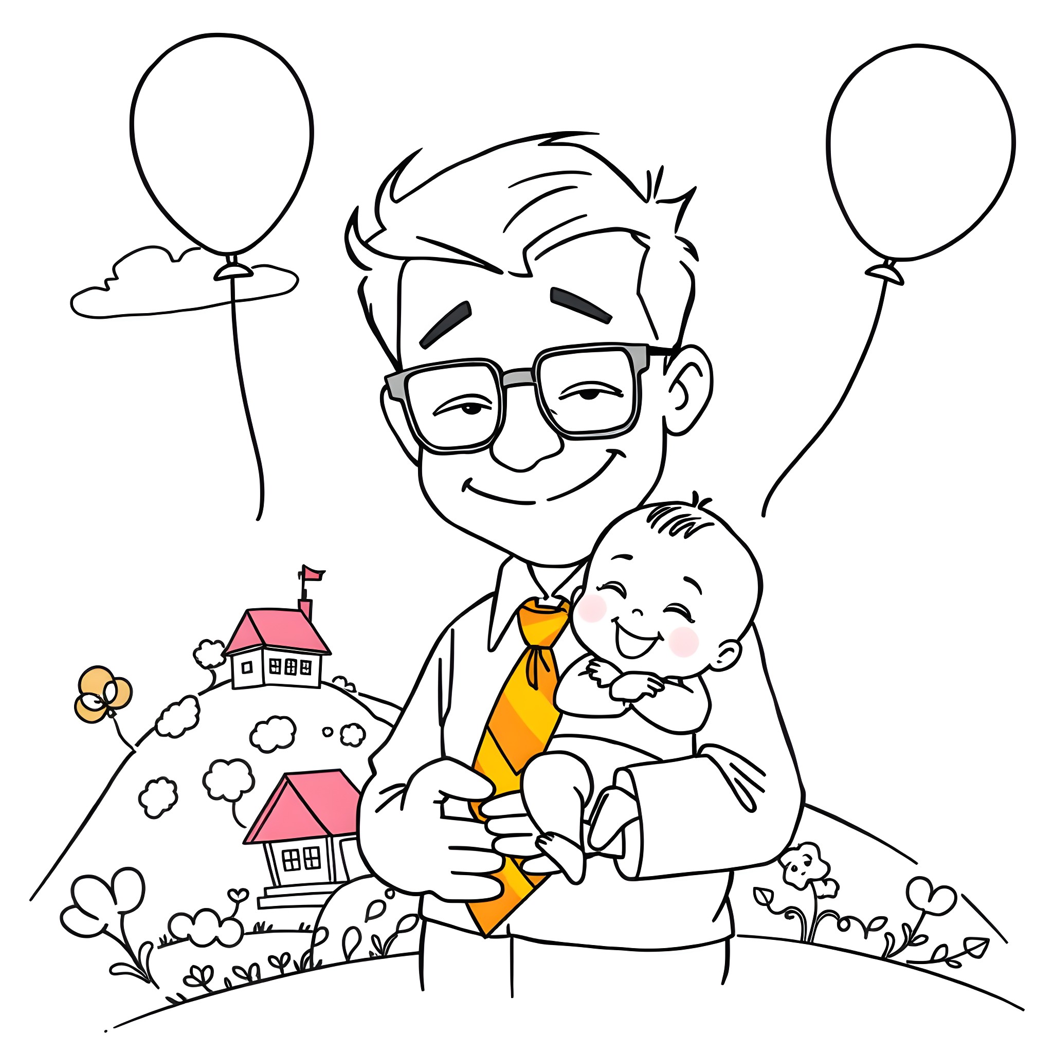 Carl's Happy Day with Baby Coloring Page (free black-and-white line drawing printable PDF for all, from beginners to advanced learners, including children, teens, adults, and seniors)