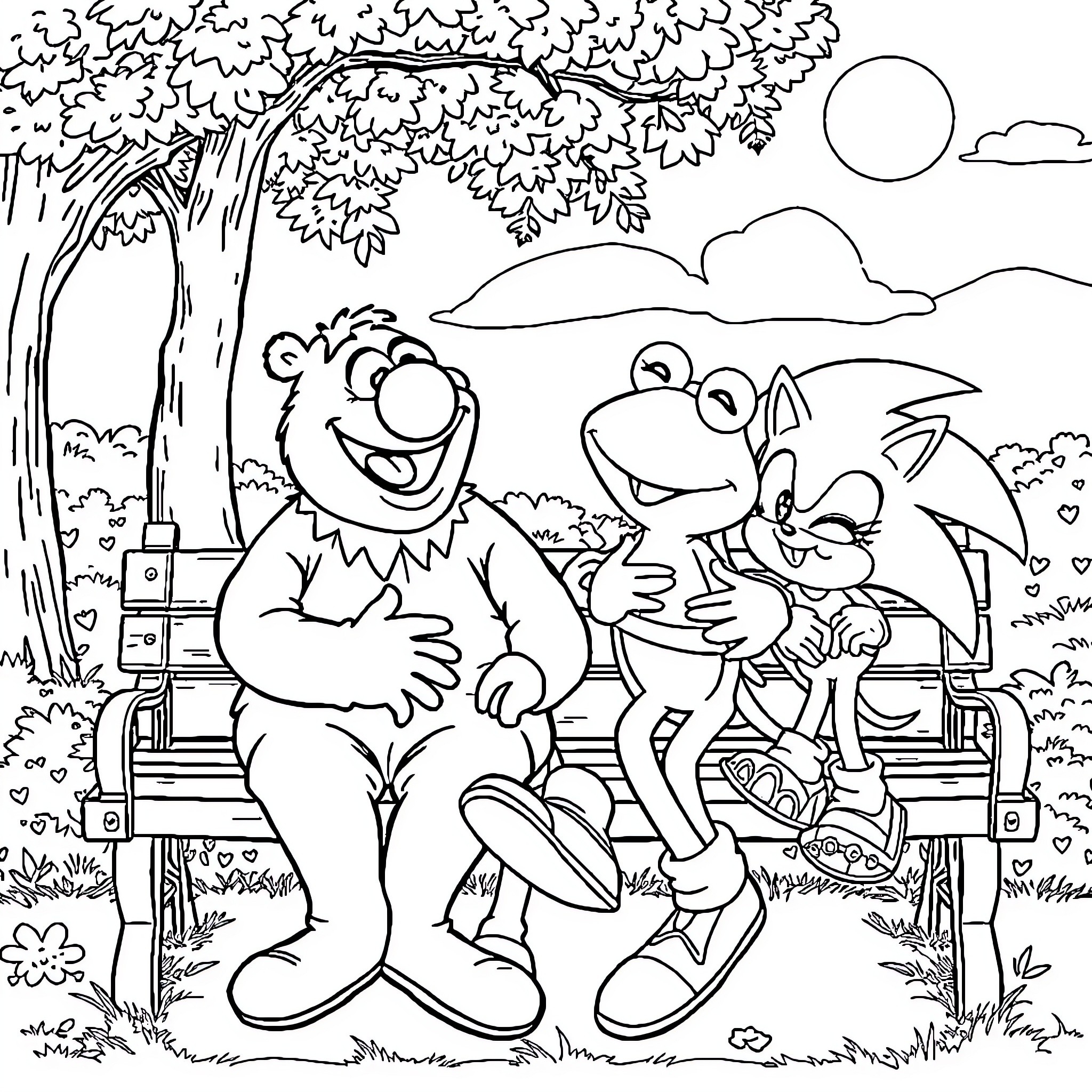 Sonic characters playing and interacting in nature Coloring Page (free black-and-white line drawing printable PDF for all, from beginners to advanced learners, including children, teens, adults, and seniors)