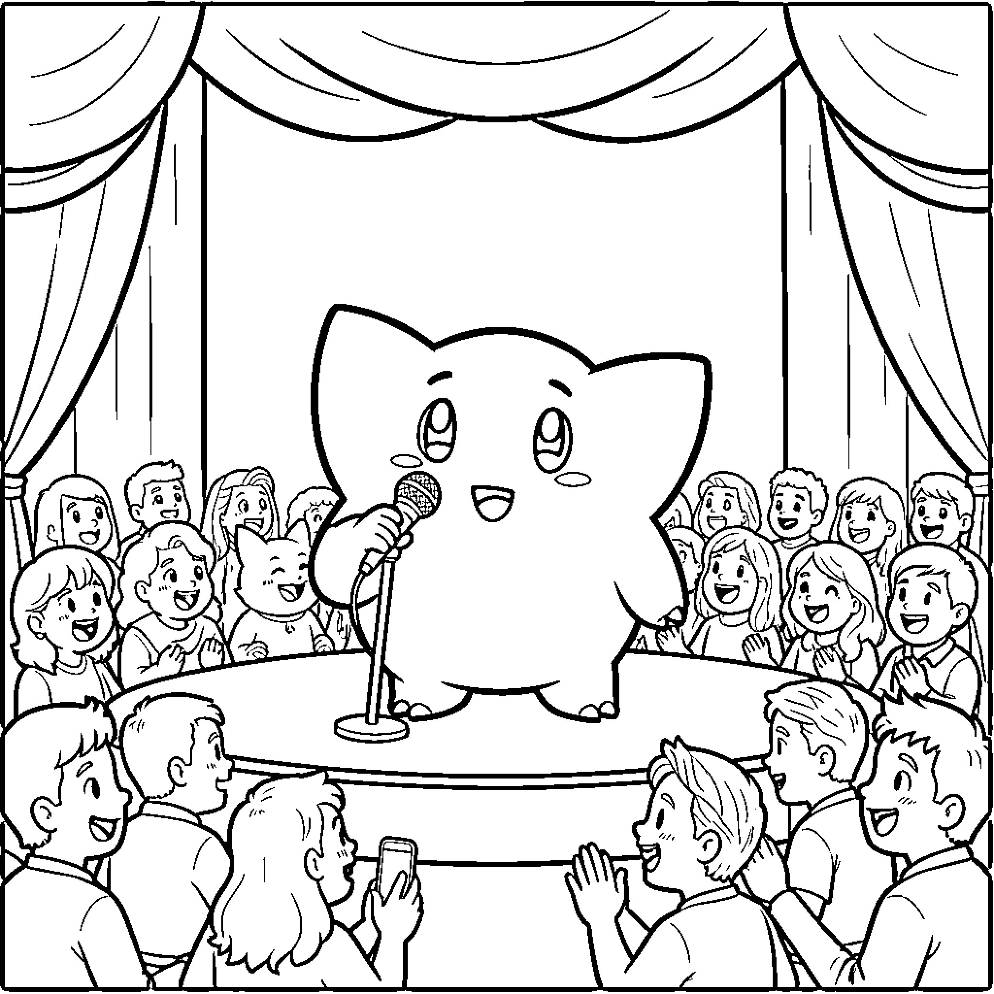 Chansey performing a song on stage for an audience Coloring Page (free black-and-white line drawing printable PDF for all, from beginners to advanced learners, including children, teens, adults, and seniors)