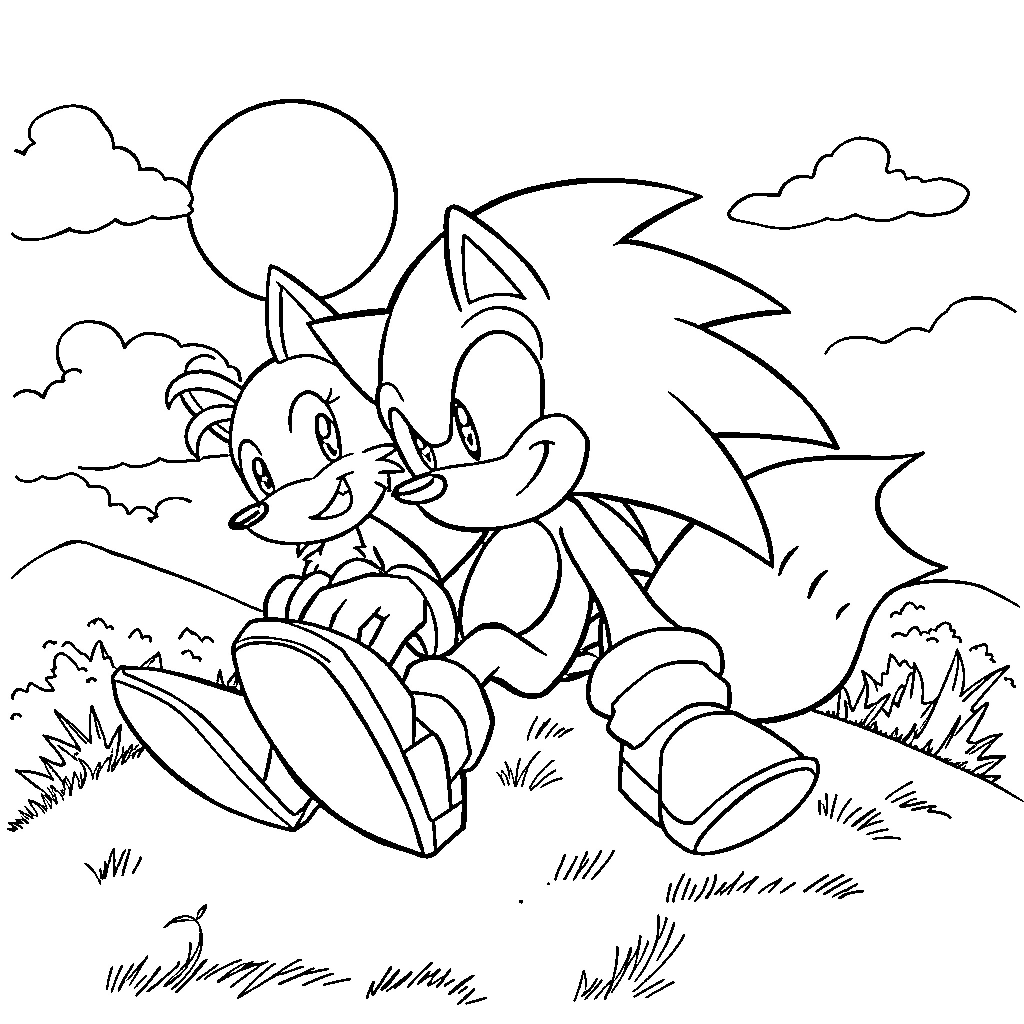Sonic and friend explore the outdoors Coloring Page (free black-and-white line drawing printable PDF for all, from beginners to advanced learners, including children, teens, adults, and seniors)