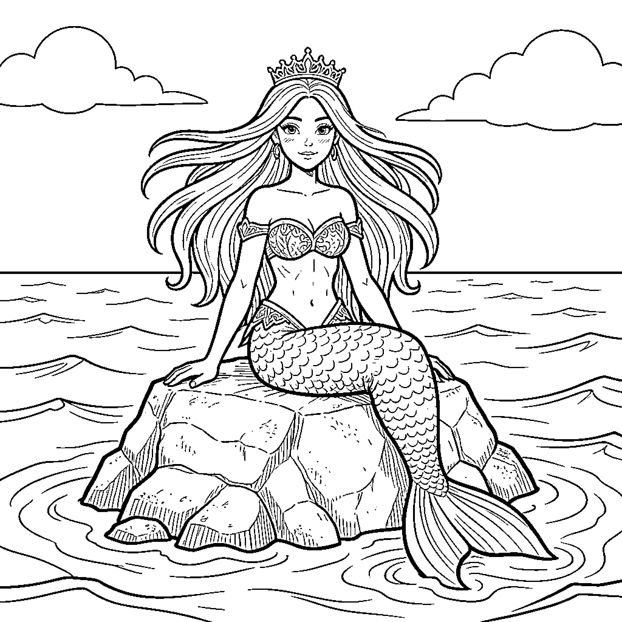 Mermaid wearing a crown sitting on a rock Coloring Page (free black-and-white line drawing printable PDF for all, from beginners to advanced learners, including children, teens, adults, and seniors)