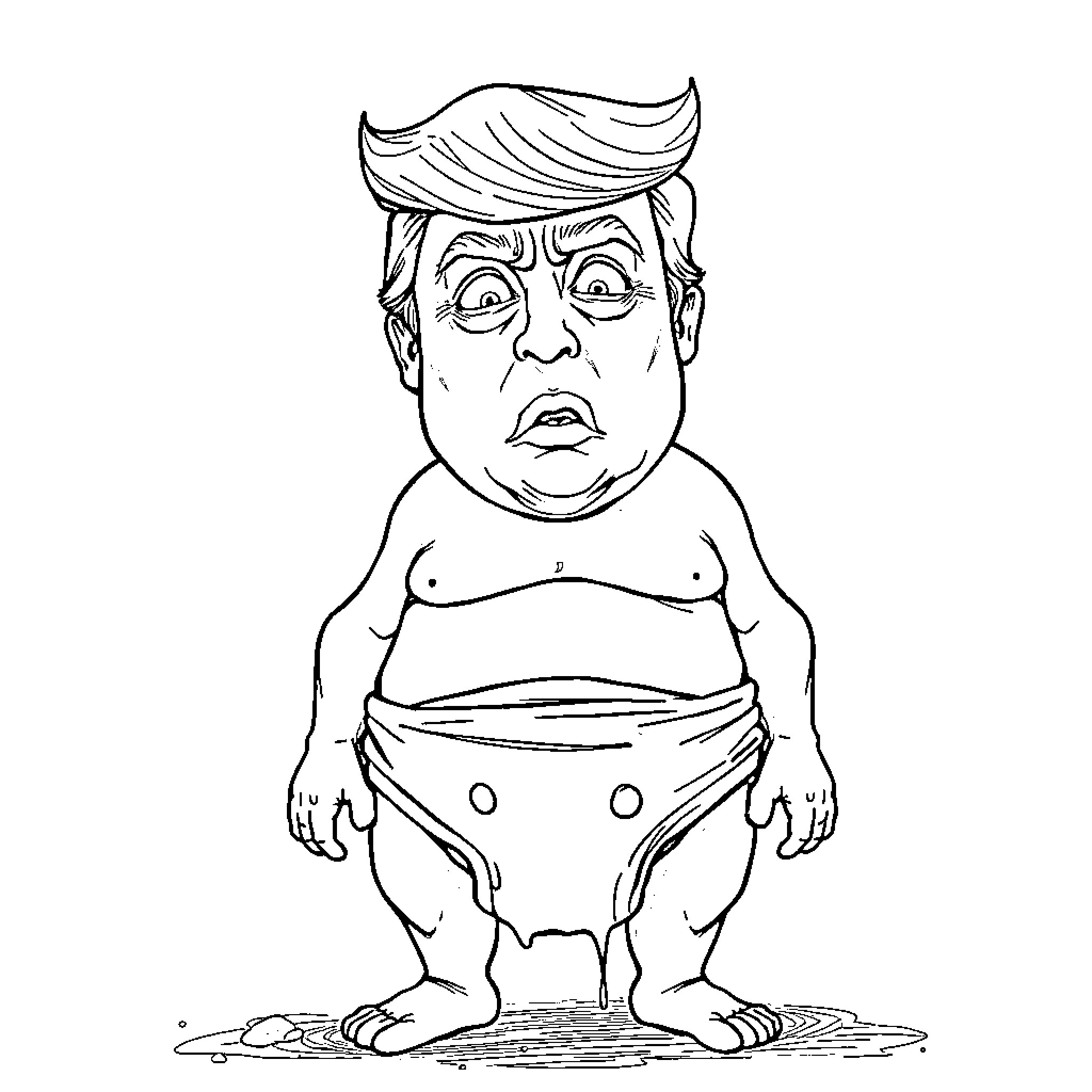 Donald Trump as a baby with exaggerated features Coloring Page (free black-and-white line drawing printable PDF for all, from beginners to advanced learners, including children, teens, adults, and seniors)