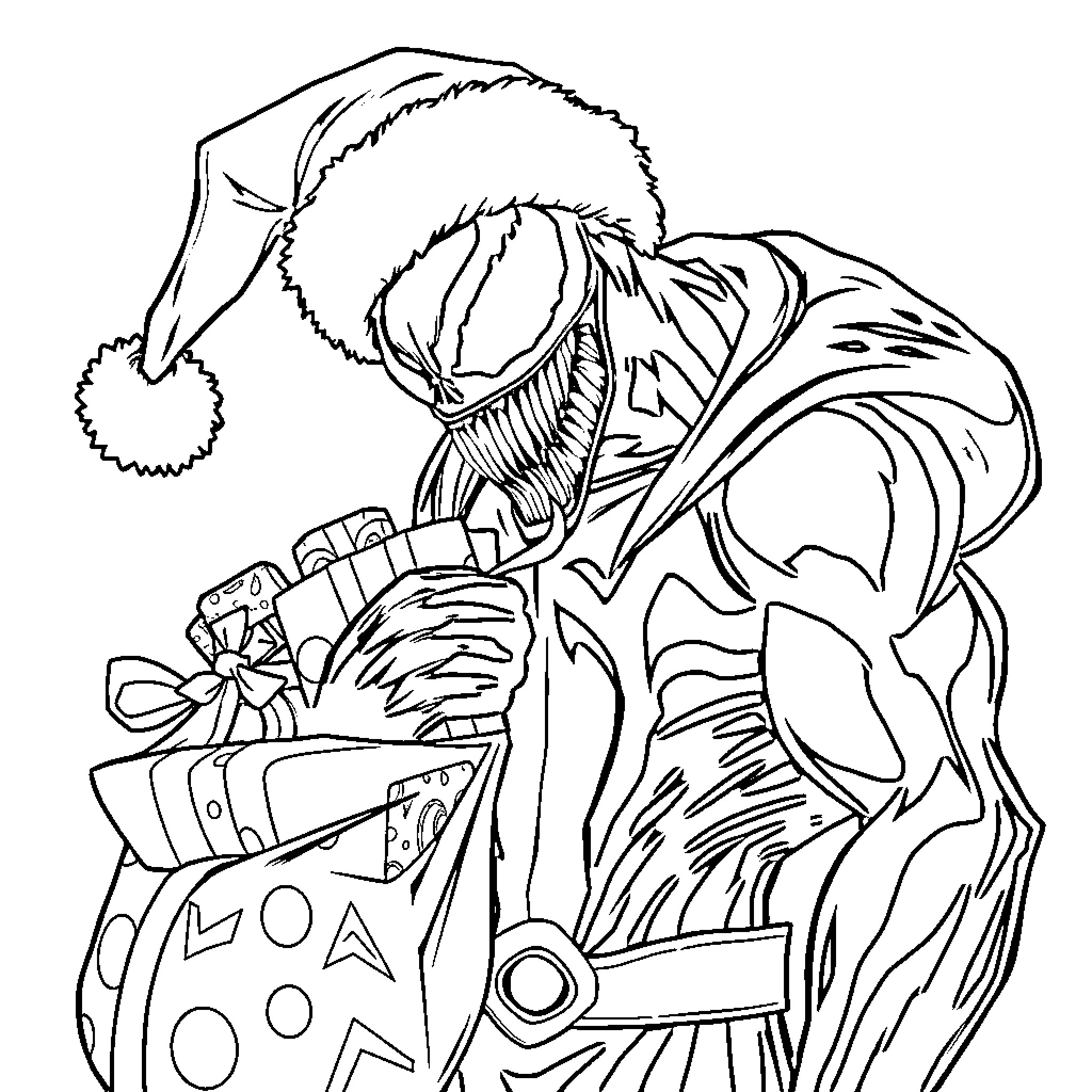 Venom Character Carrying Christmas Gifts Coloring Page (free black-and-white line drawing printable PDF for all, from beginners to advanced learners, including children, teens, adults, and seniors)