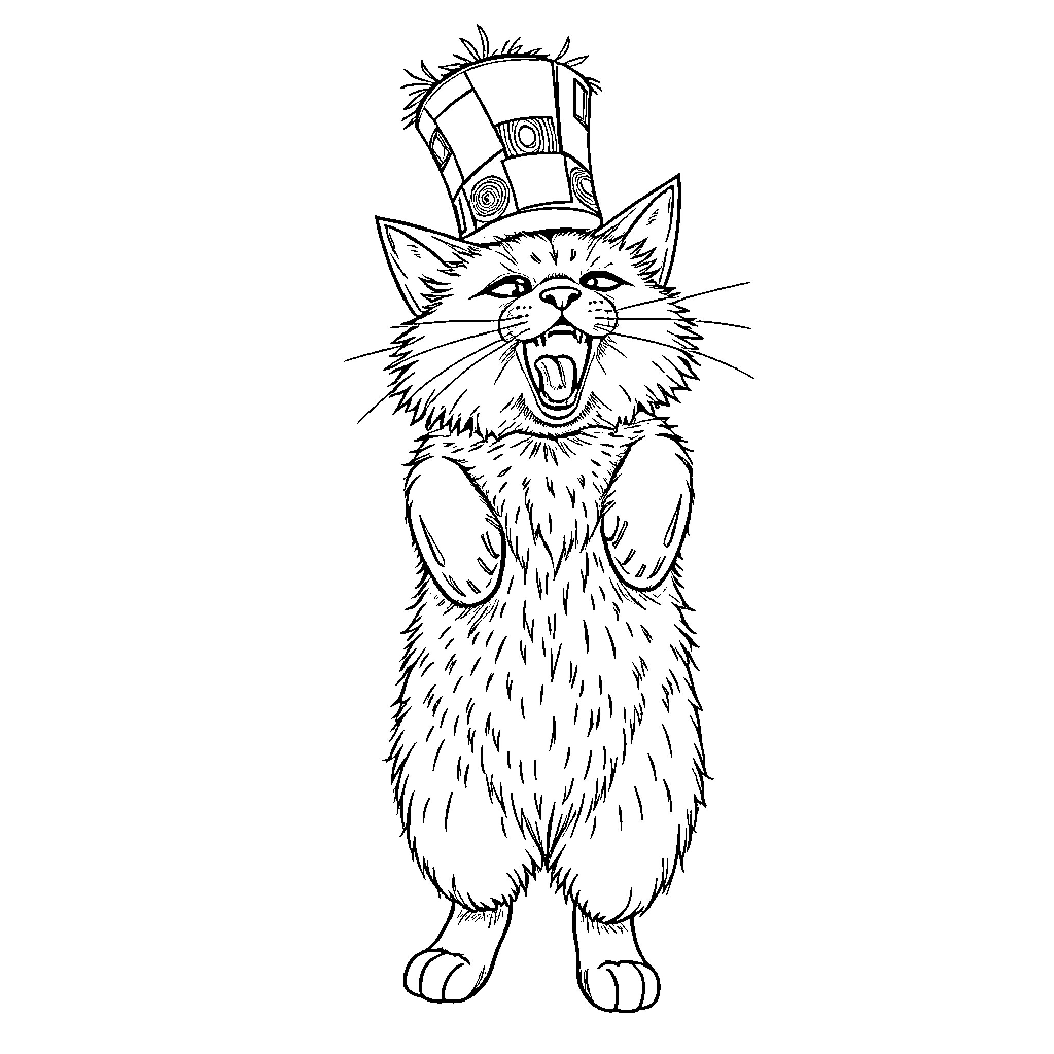 Cat wearing silly hat with accessories Coloring Page (free black-and-white line drawing printable PDF for all, from beginners to advanced learners, including children, teens, adults, and seniors)