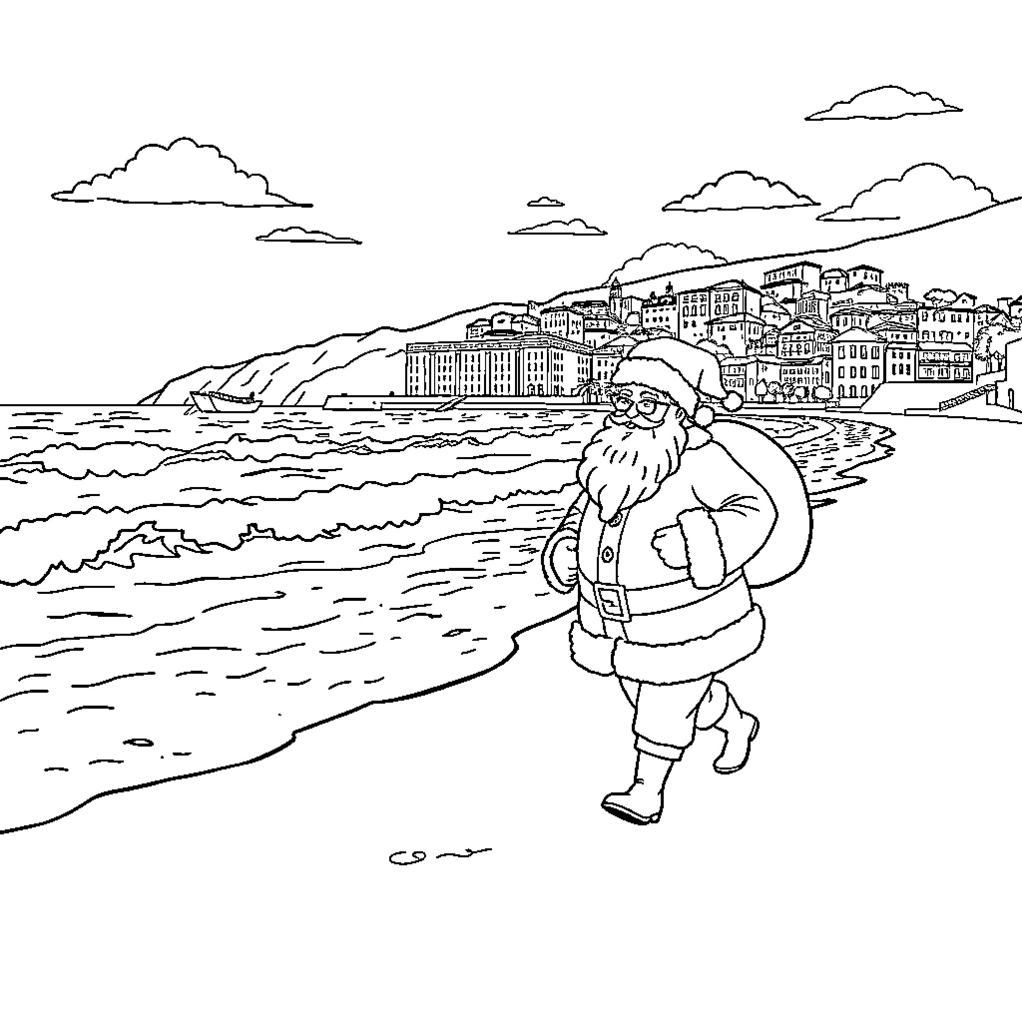Santa Claus strolling along the coastline Coloring Page (free black-and-white line drawing printable PDF for all, from beginners to advanced learners, including children, teens, adults, and seniors)