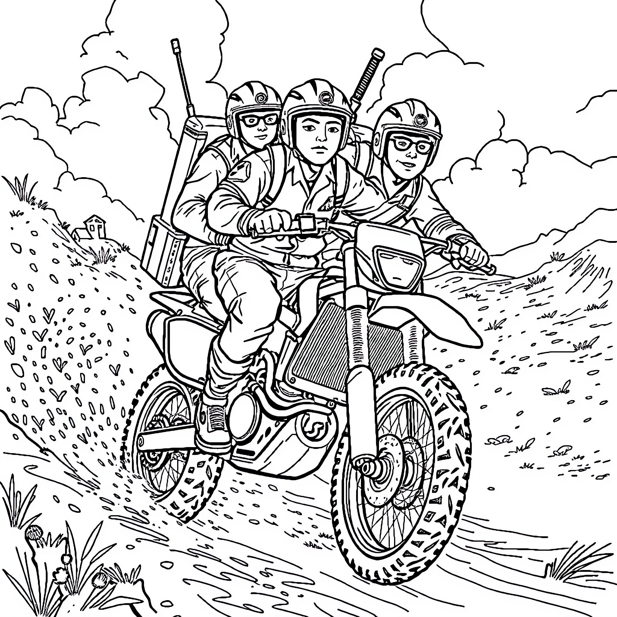 Ghostbusters on an Off-Road Adventure Coloring Page (free black-and-white line drawing printable PDF for all, from beginners to advanced learners, including children, teens, adults, and seniors)