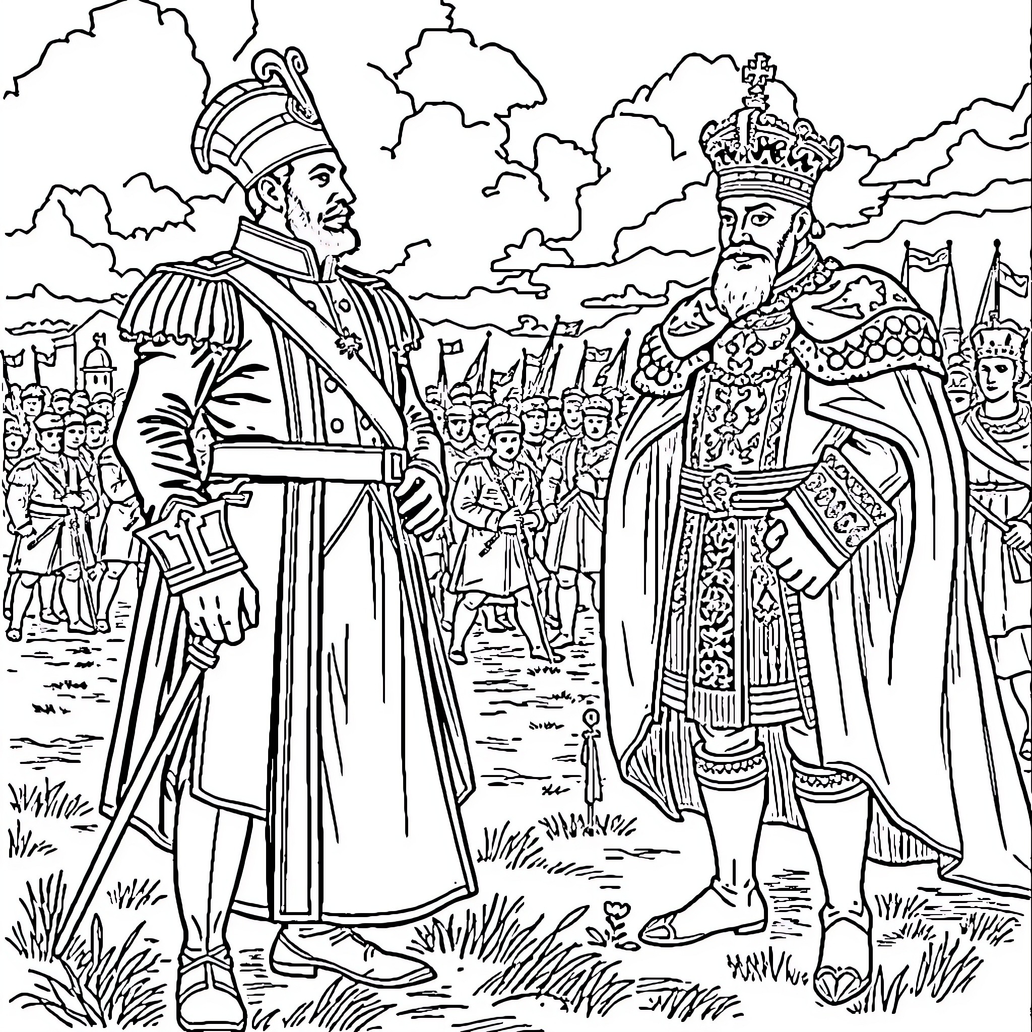 Benito Juárez meeting with a crowned ruler in a formal setting Coloring Page (free black-and-white line drawing printable PDF for all, from beginners to advanced learners, including children, teens, adults, and seniors)