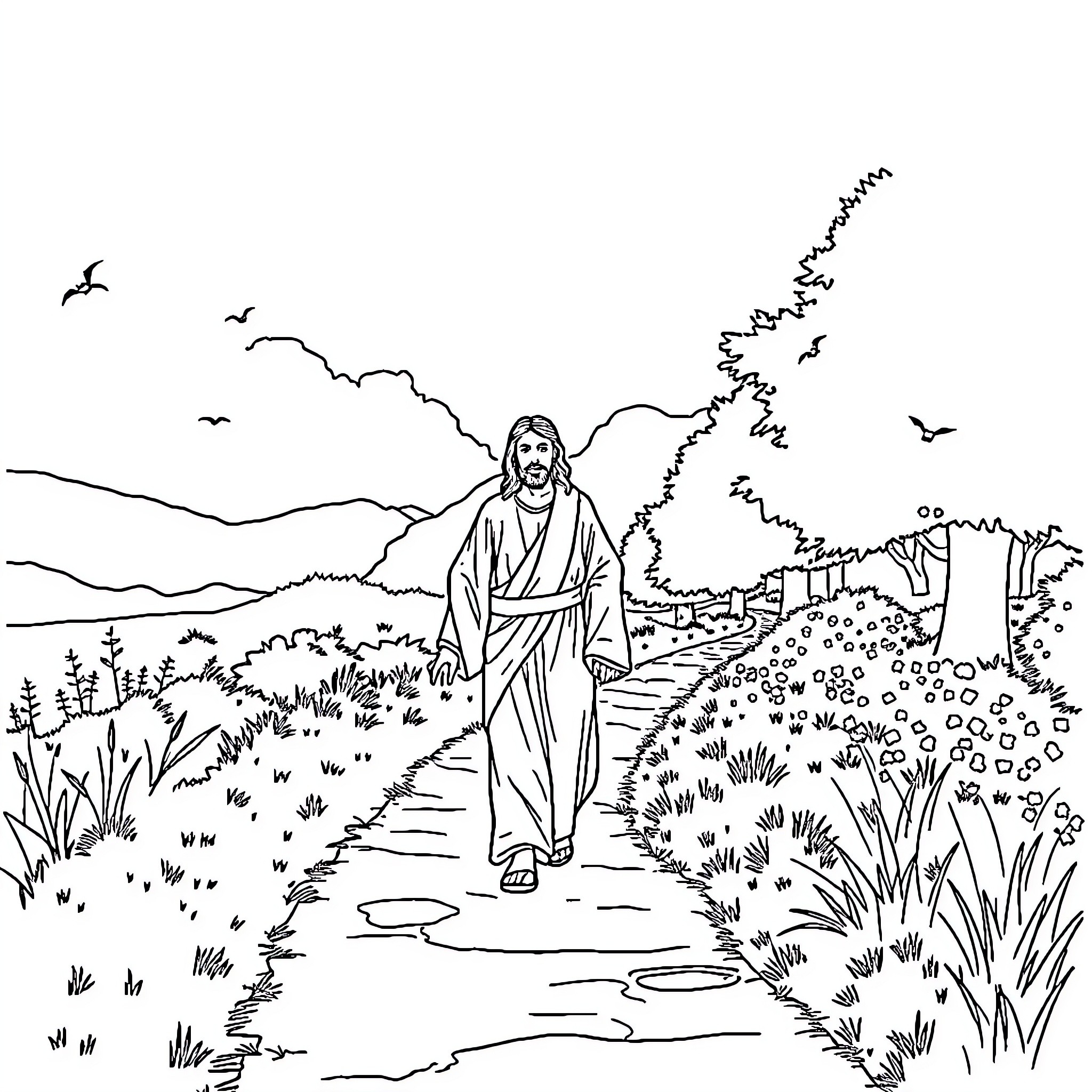 Jesus walks on the path through the countryside Coloring Page (free black-and-white line drawing printable PDF for all, from beginners to advanced learners, including children, teens, adults, and seniors)
