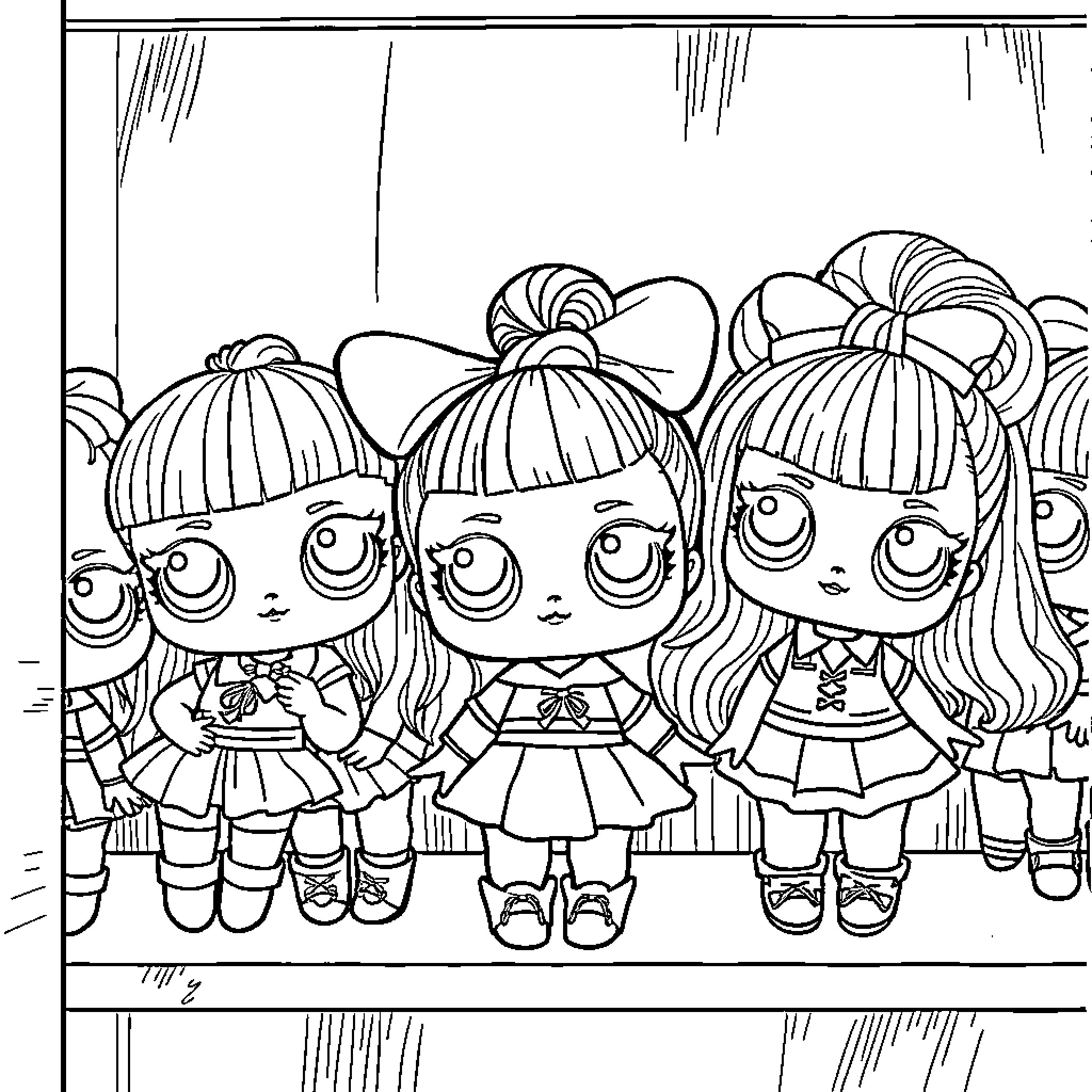 Lol Doll friends in stylish outfits Coloring Page (free black-and-white line drawing printable PDF for all, from beginners to advanced learners, including children, teens, adults, and seniors)