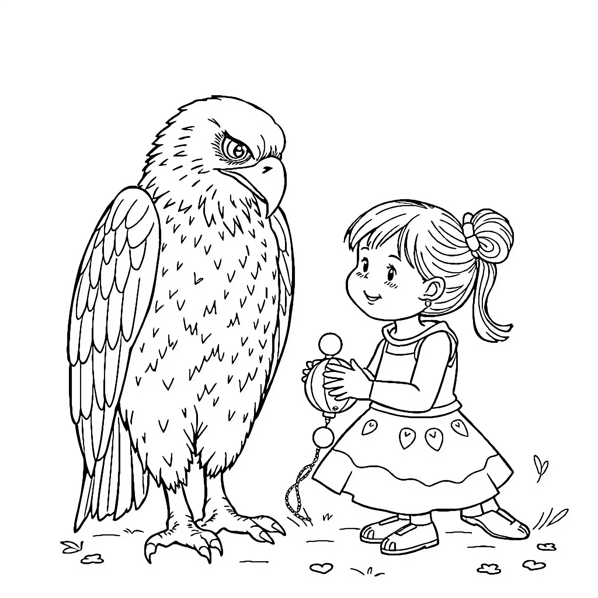 Hawk and Girl Exploring Nature Coloring Page (free black-and-white line drawing printable PDF for all, from beginners to advanced learners, including children, teens, adults, and seniors)