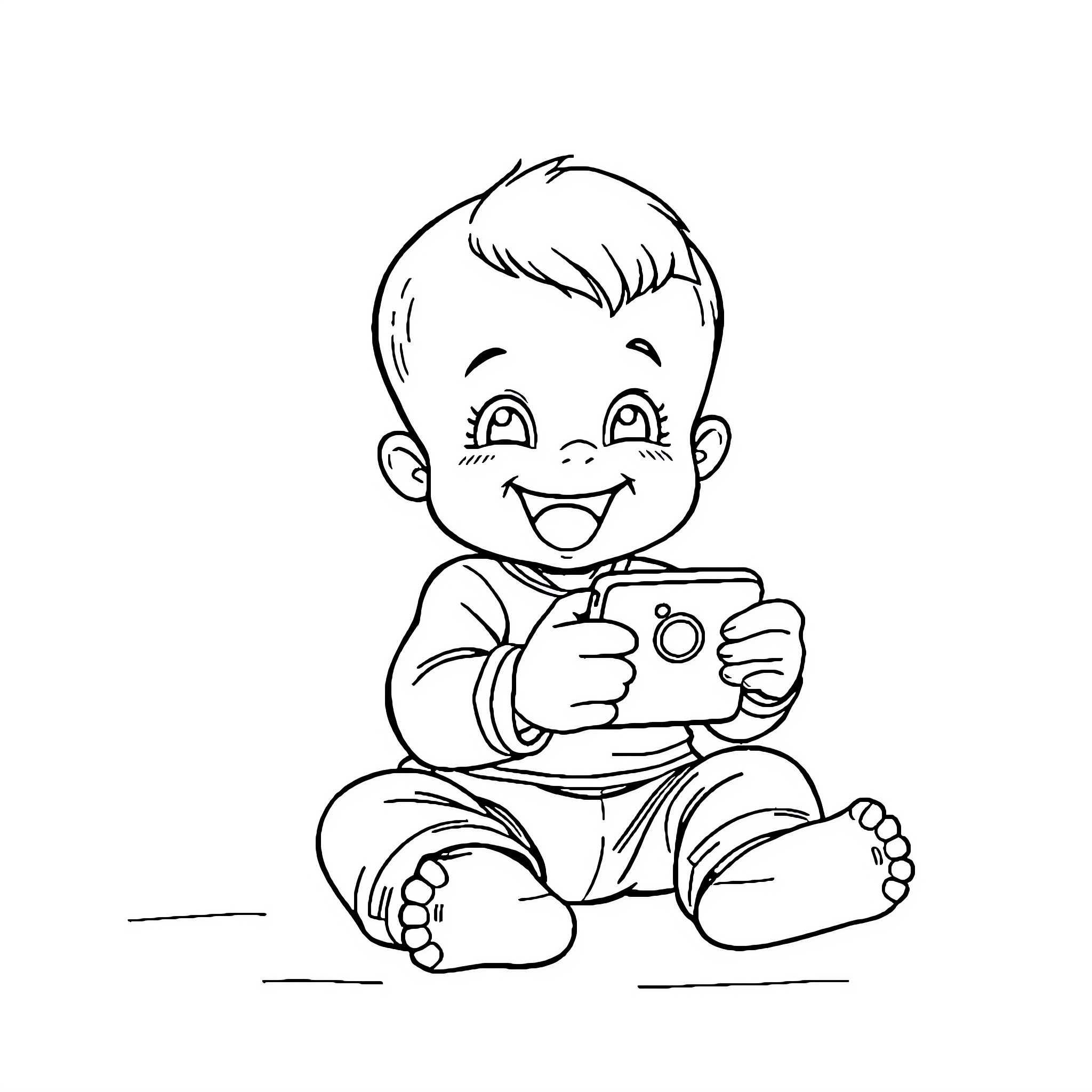 Baby playing with toy camera happily Coloring Page (free black-and-white line drawing printable PDF for all, from beginners to advanced learners, including children, teens, adults, and seniors)