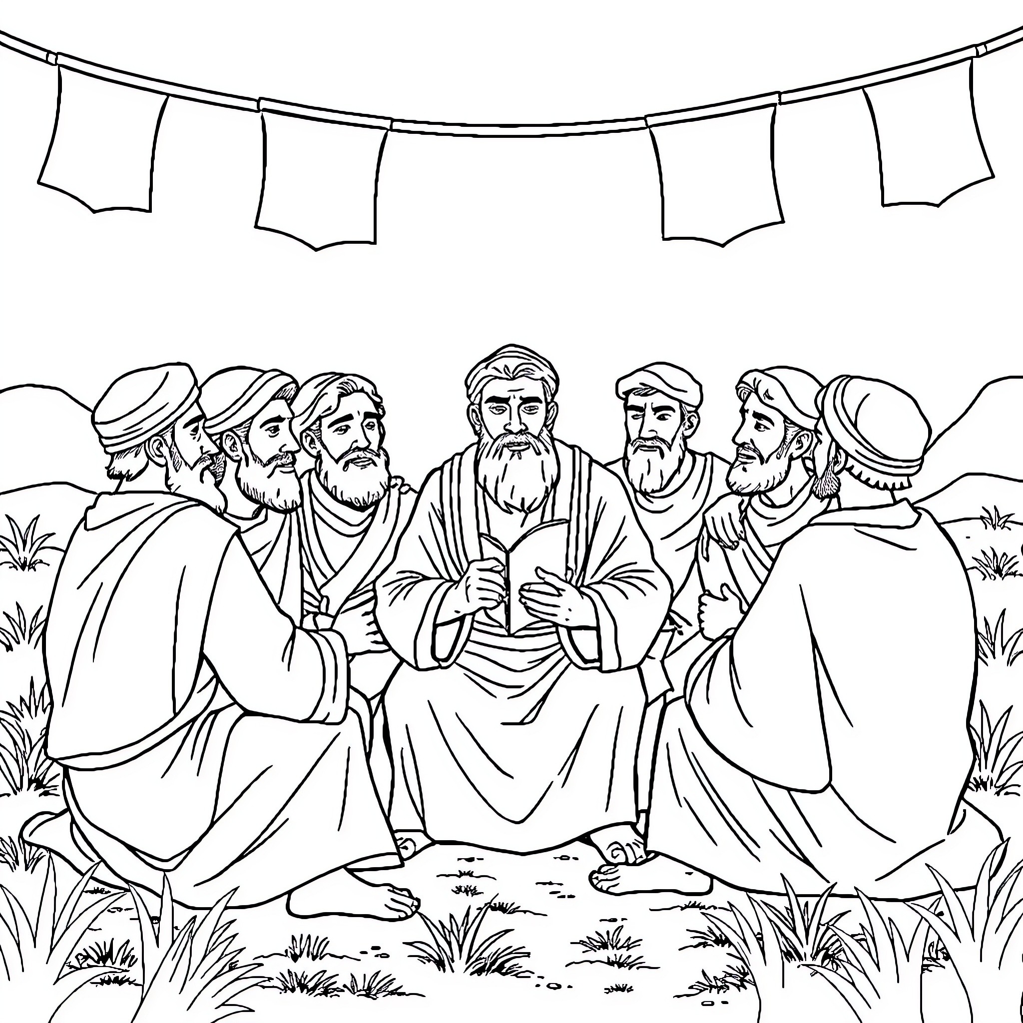Israel's religious leaders gathered for discussion Coloring Page (free black-and-white line drawing printable PDF for all, from beginners to advanced learners, including children, teens, adults, and seniors)