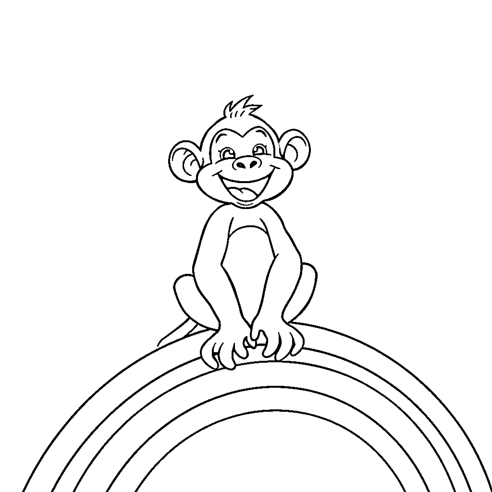 Monkey sitting happily on a rainbow Coloring Page (free black-and-white line drawing printable PDF for all, from beginners to advanced learners, including children, teens, adults, and seniors)