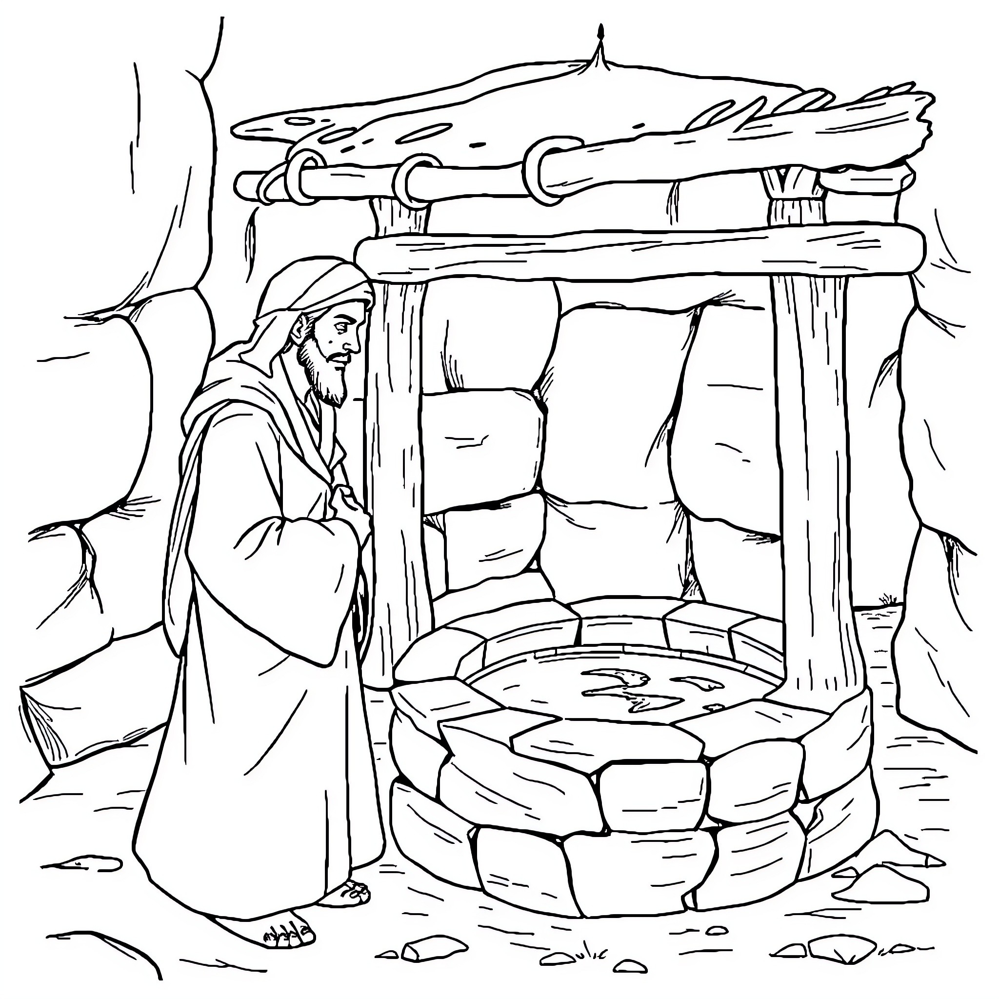 Yusuf praying at the well in the wilderness Coloring Page (free black-and-white line drawing printable PDF for all, from beginners to advanced learners, including children, teens, adults, and seniors)
