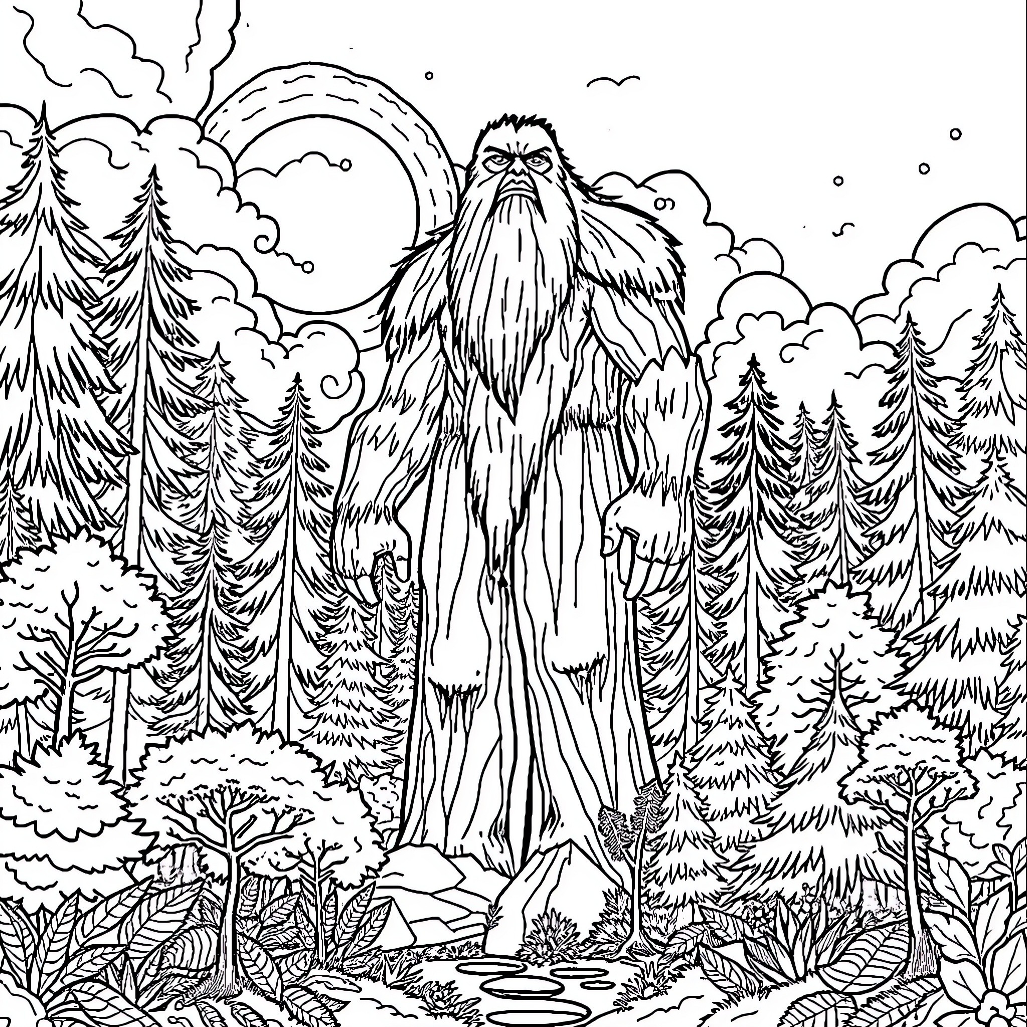 Giant Hairy Creature Towering Over Snowy Forest Coloring Page (free black-and-white line drawing printable PDF for all, from beginners to advanced learners, including children, teens, adults, and seniors)