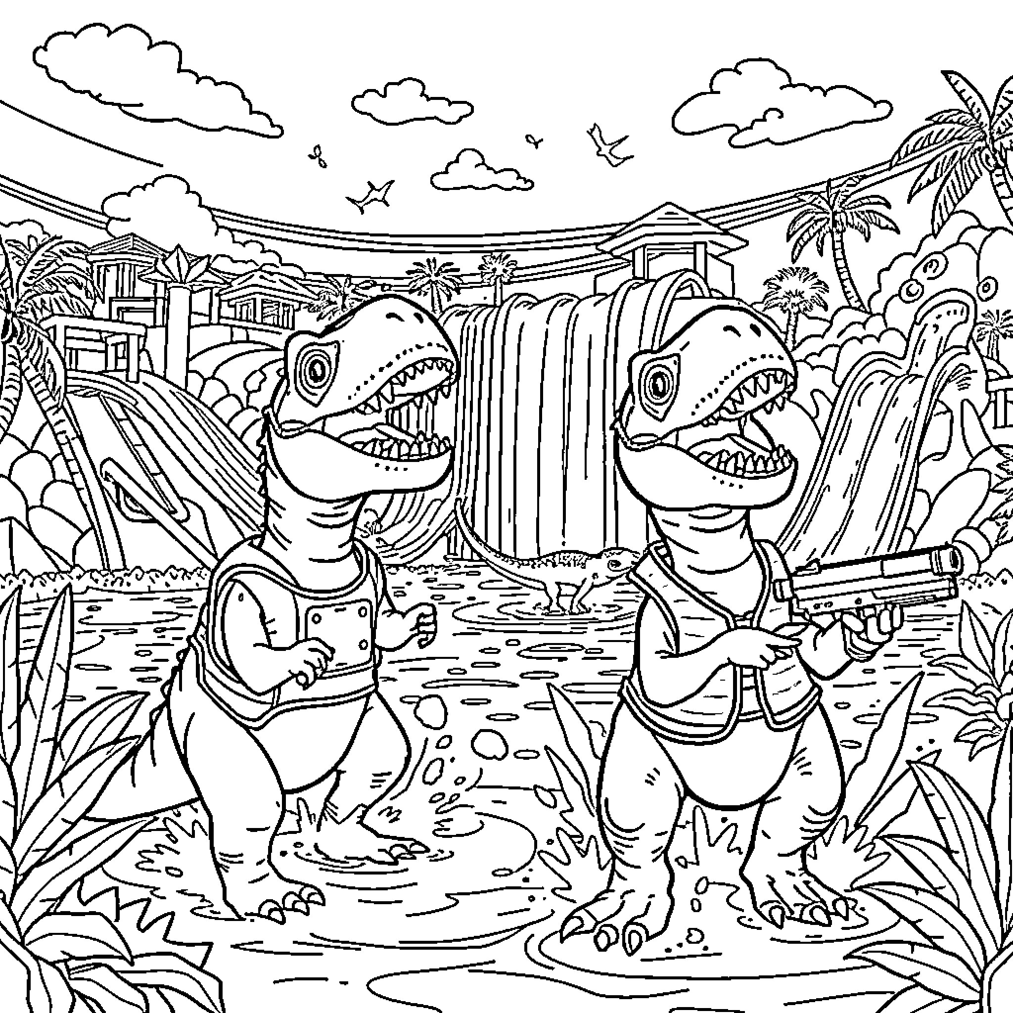 Dinosaur friends exploring tropical waterfall landscape Coloring Page (free black-and-white line drawing printable PDF for all, from beginners to advanced learners, including children, teens, adults, and seniors)
