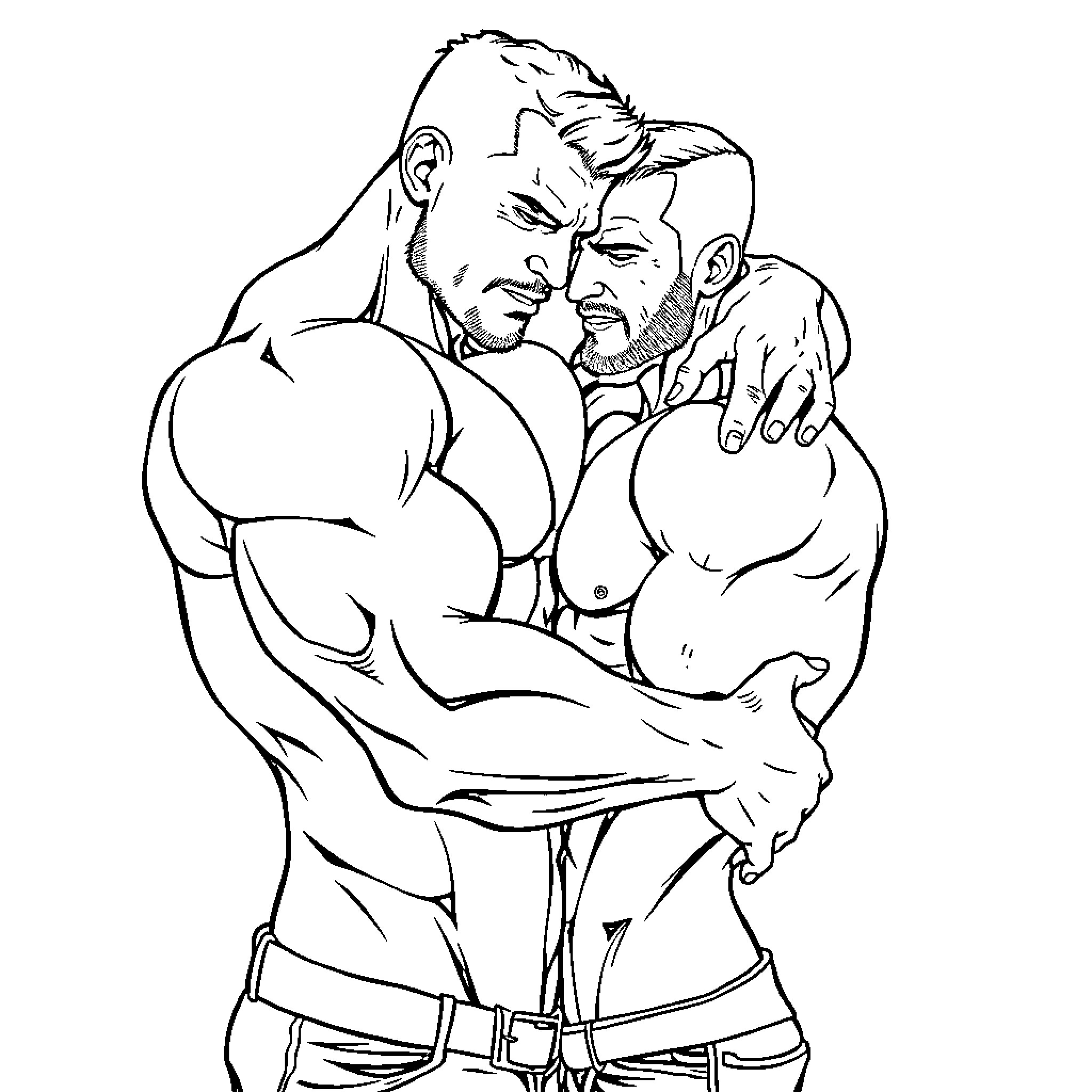Man embracing another man in a tender moment Coloring Page (free black-and-white line drawing printable PDF for all, from beginners to advanced learners, including children, teens, adults, and seniors)
