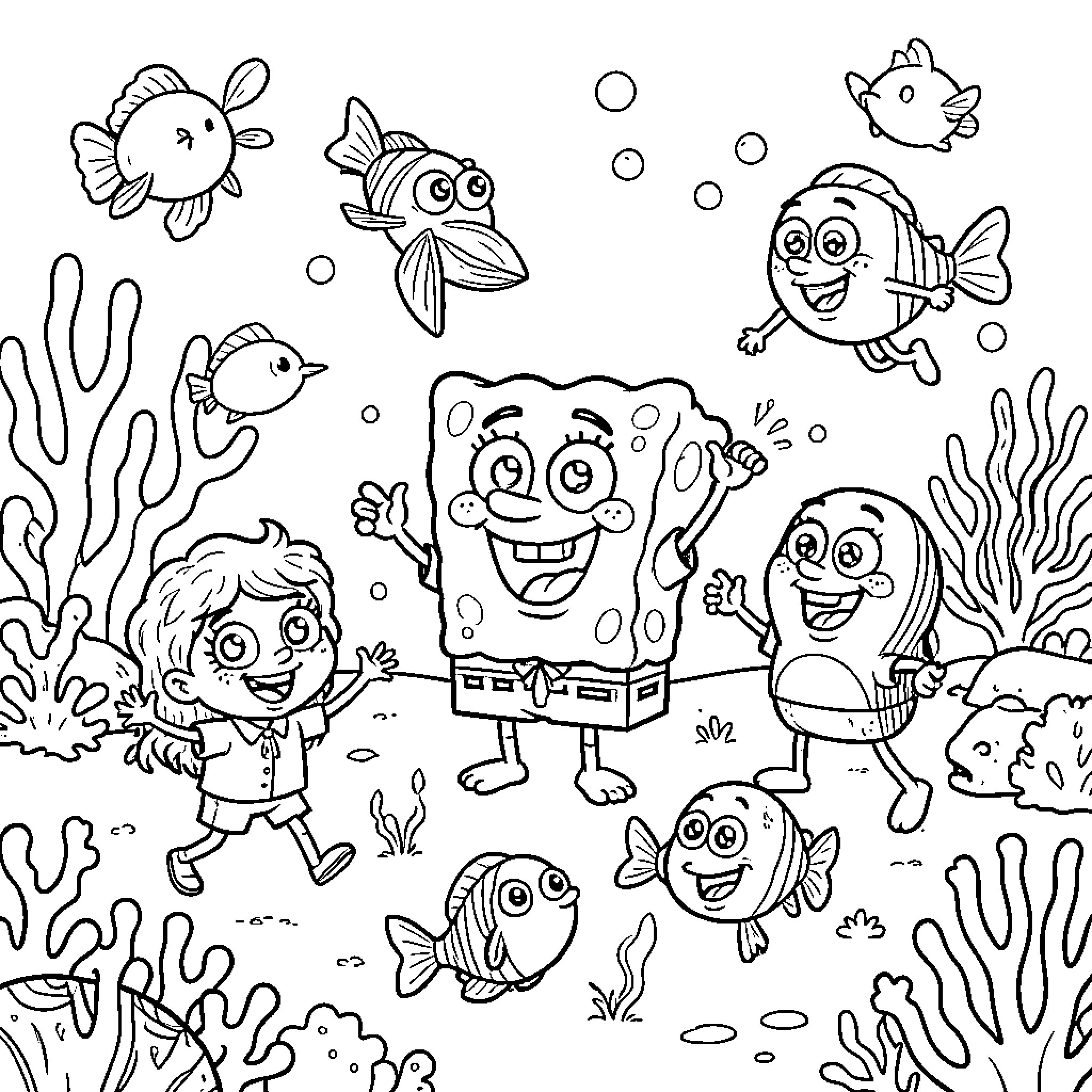 Spongebob laughing with friends among many sea creatures Coloring Page (free black-and-white line drawing printable PDF for all, from beginners to advanced learners, including children, teens, adults, and seniors)