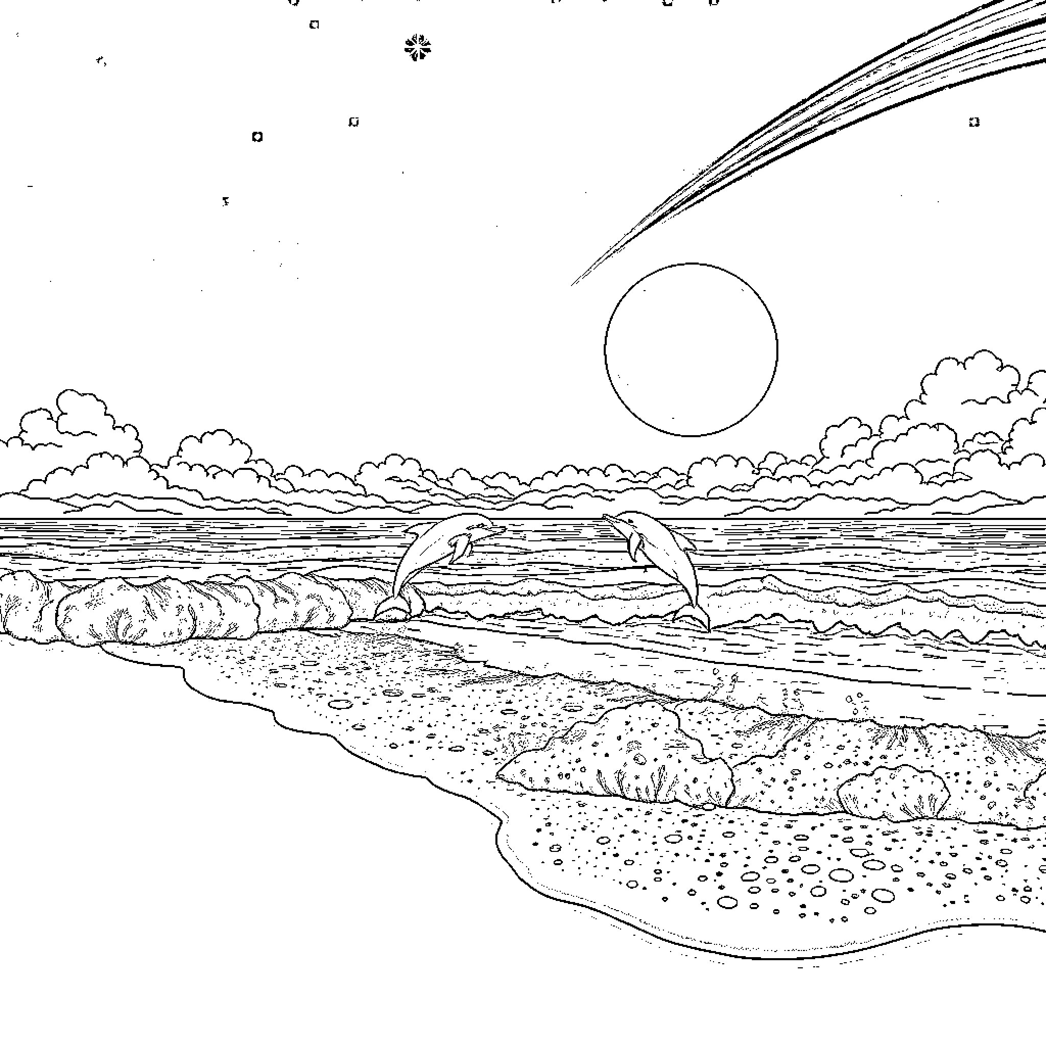 Dolphin leaping in the sunset ocean Coloring Page (free black-and-white line drawing printable PDF for all, from beginners to advanced learners, including children, teens, adults, and seniors)