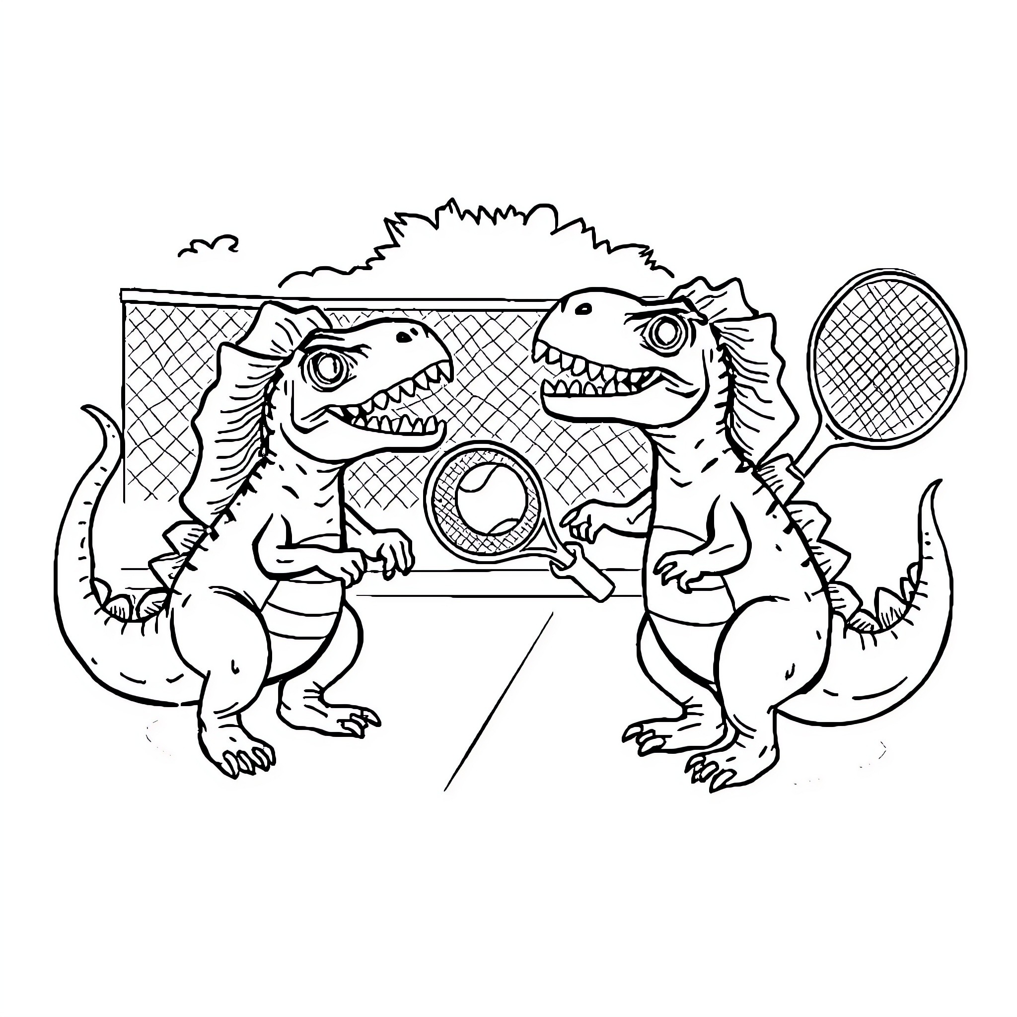 Dinosaurs Playing Tennis in the Jungle Coloring Page (free black-and-white line drawing printable PDF for all, from beginners to advanced learners, including children, teens, adults, and seniors)