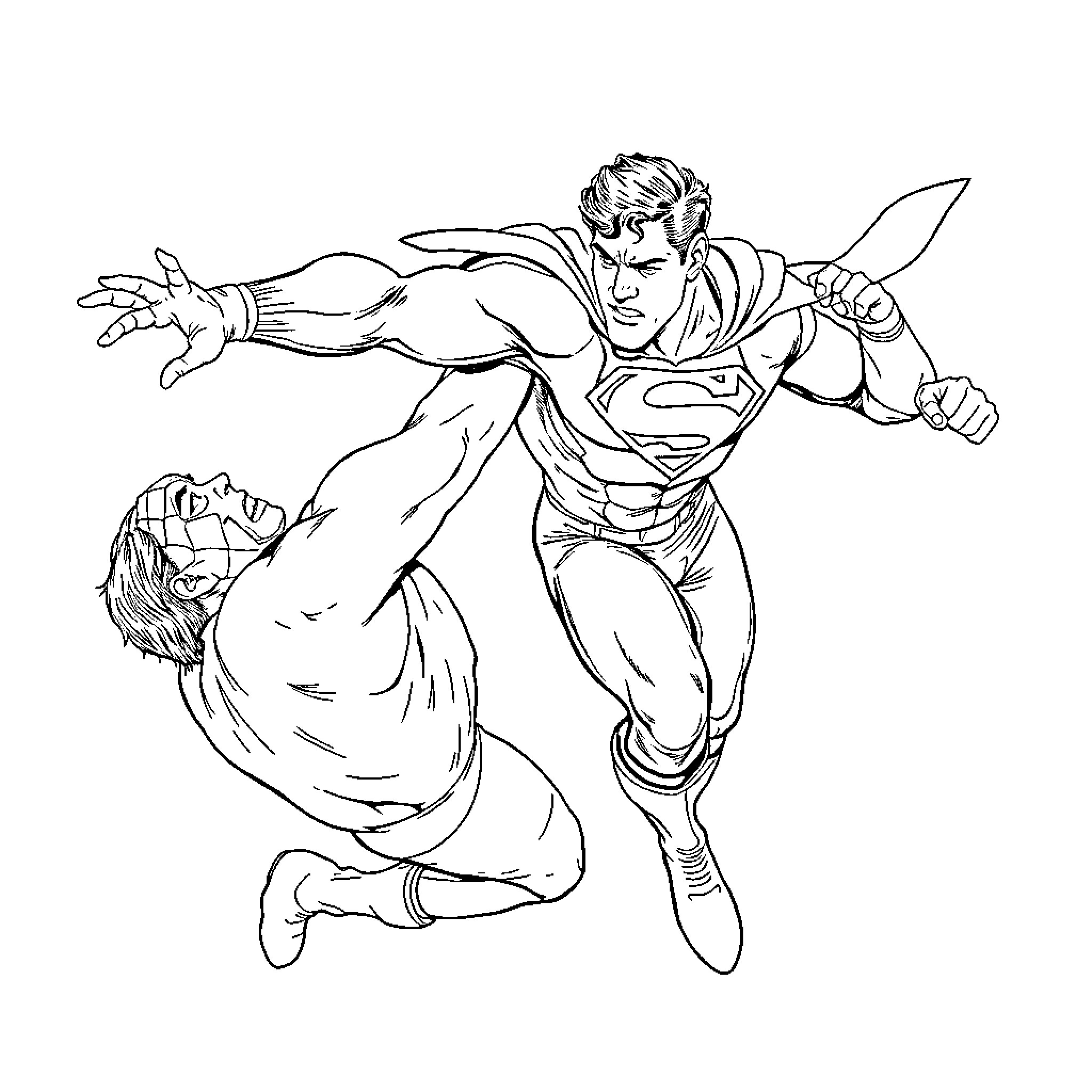 Superman heroically rescuing a person in peril Coloring Page (free black-and-white line drawing printable PDF for all, from beginners to advanced learners, including children, teens, adults, and seniors)