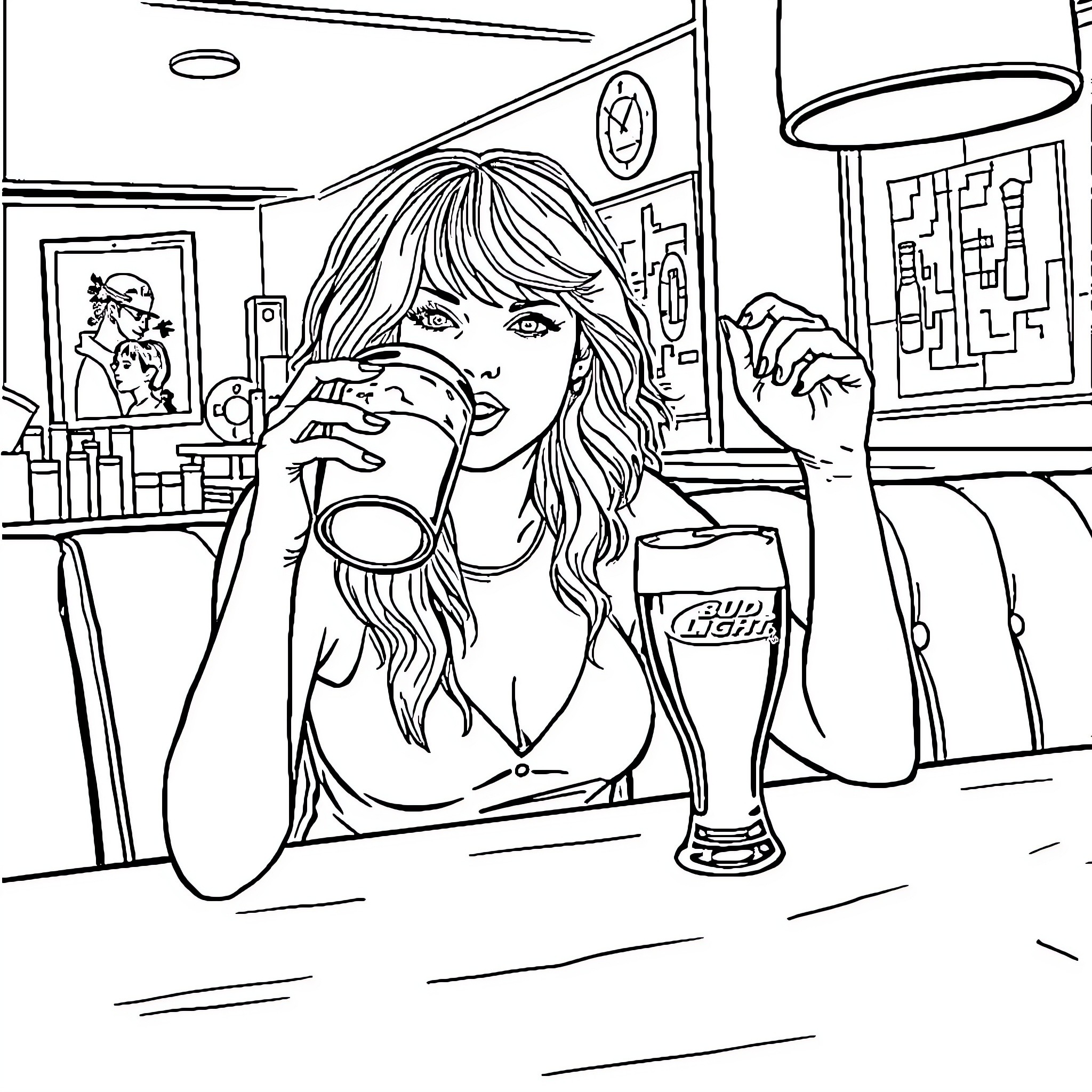 Taylor Swift enjoying a beverage at a bar Coloring Page (free black-and-white line drawing printable PDF for all, from beginners to advanced learners, including children, teens, adults, and seniors)