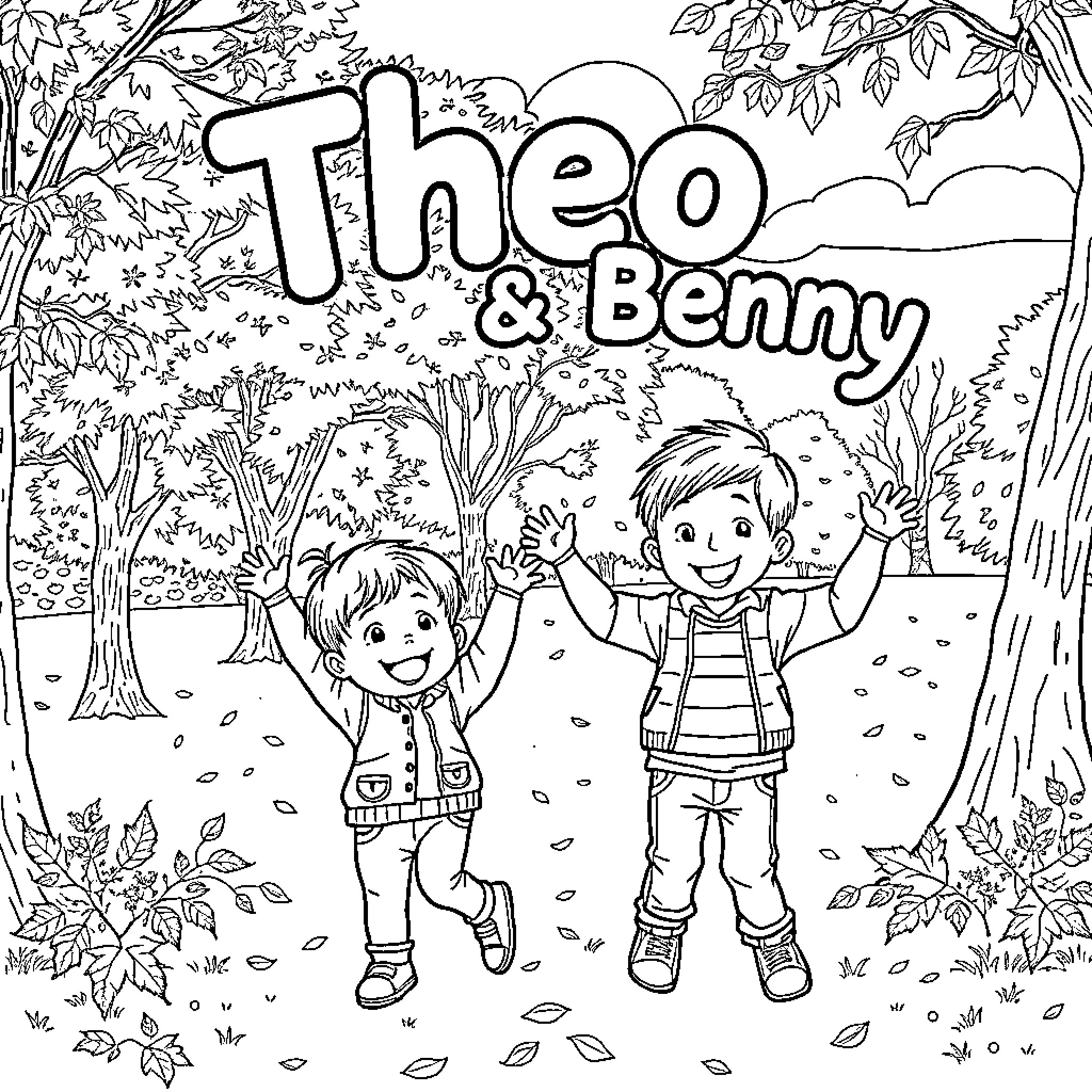 Boys playing happily in the forest Coloring Page (free black-and-white line drawing printable PDF for all, from beginners to advanced learners, including children, teens, adults, and seniors)