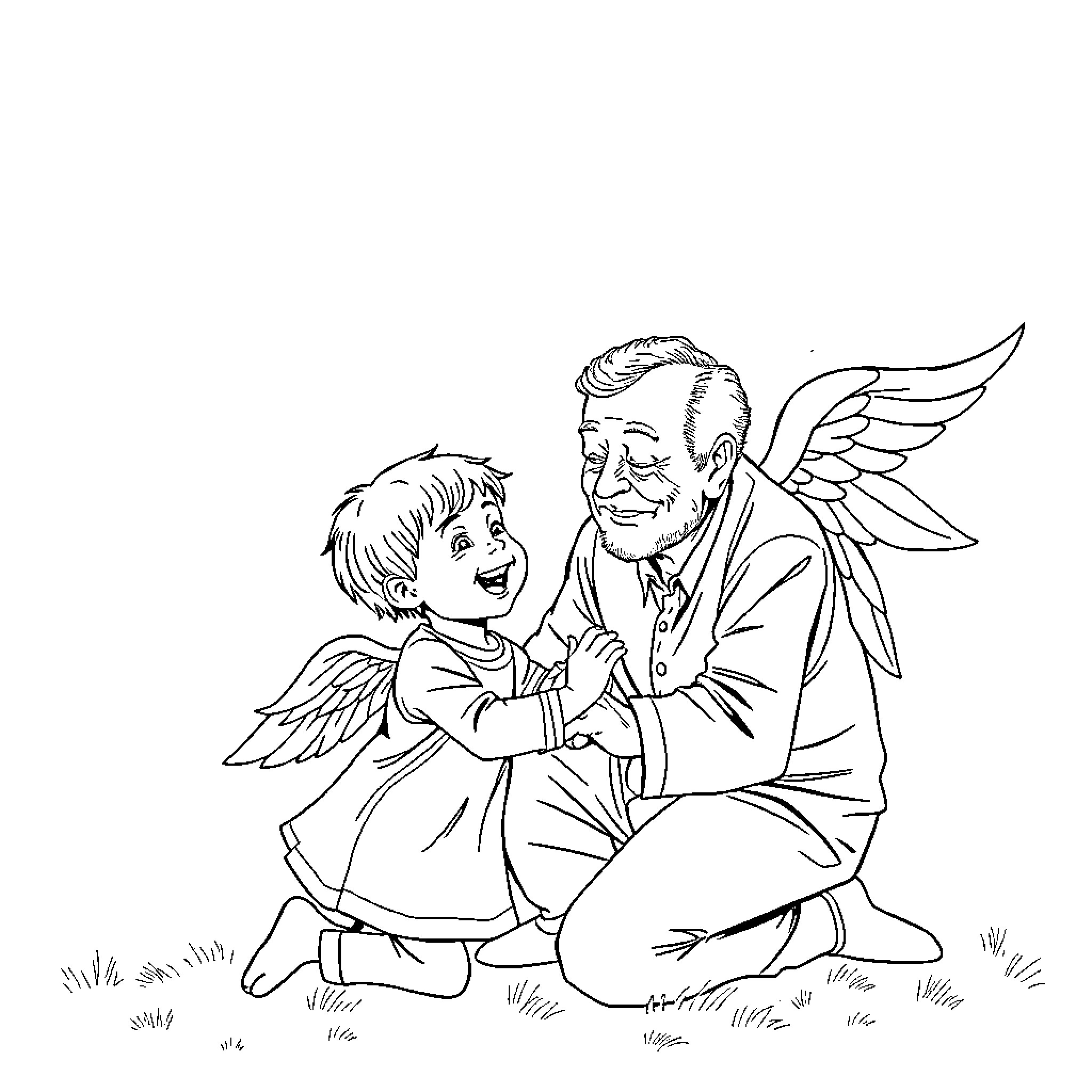 Child and angel guardian playing together Coloring Page (free black-and-white line drawing printable PDF for all, from beginners to advanced learners, including children, teens, adults, and seniors)