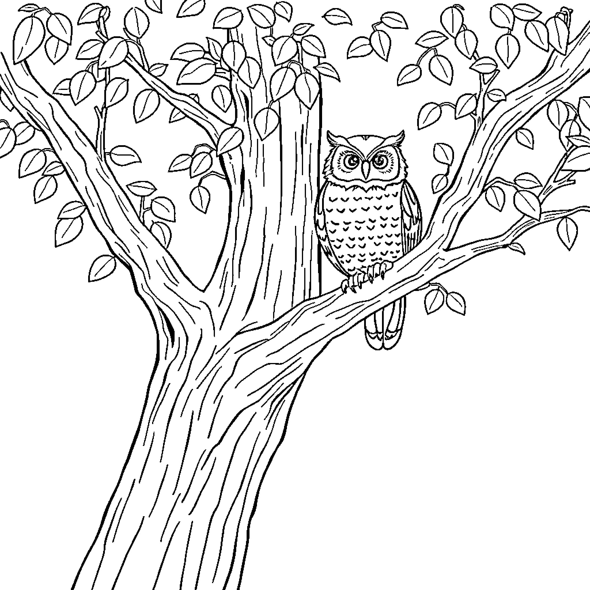 Owl perched on a tree in a forest Coloring Page (free black-and-white line drawing printable PDF for all, from beginners to advanced learners, including children, teens, adults, and seniors)