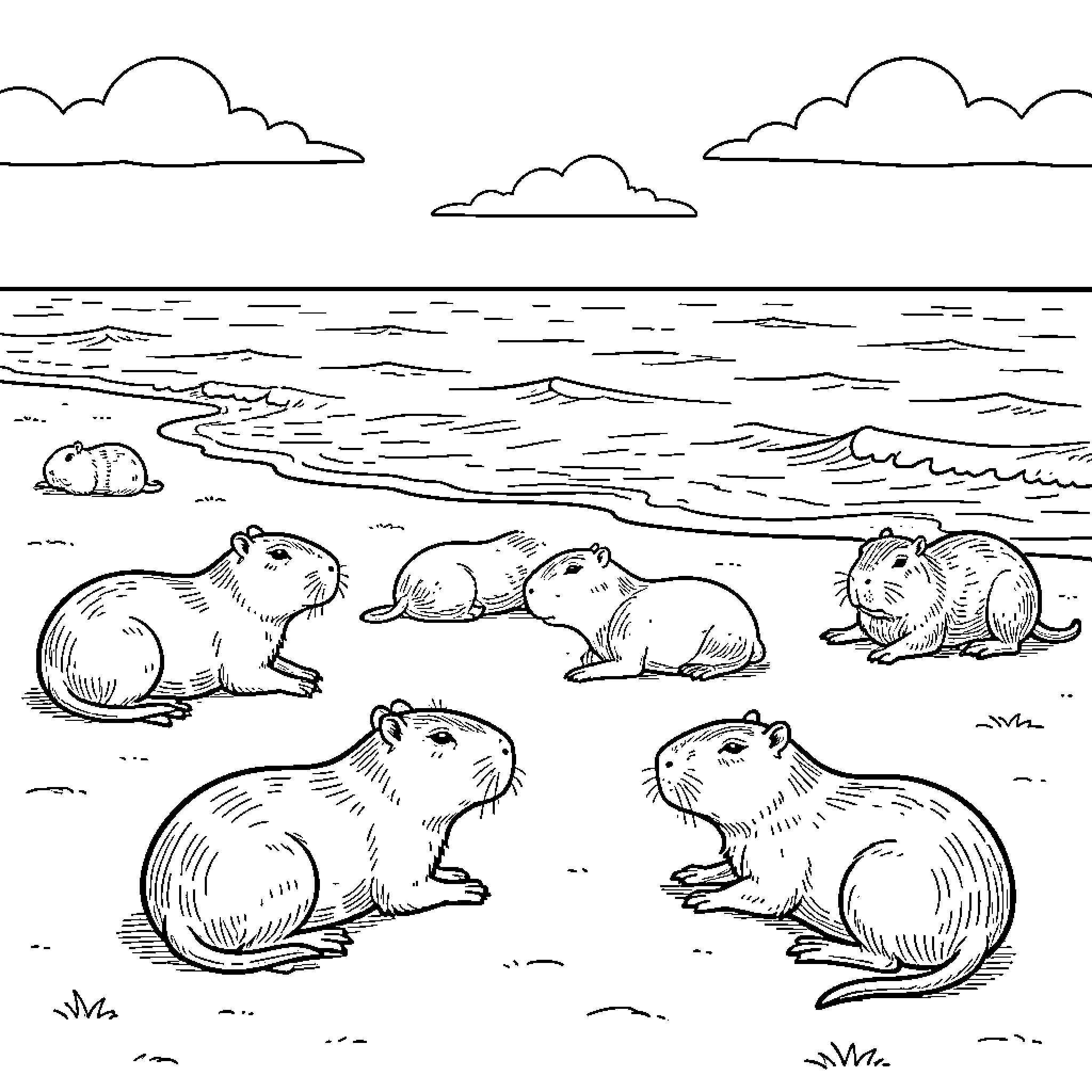 Capybara relaxing on a sandy beach near waves Coloring Page (free black-and-white line drawing printable PDF for all, from beginners to advanced learners, including children, teens, adults, and seniors)