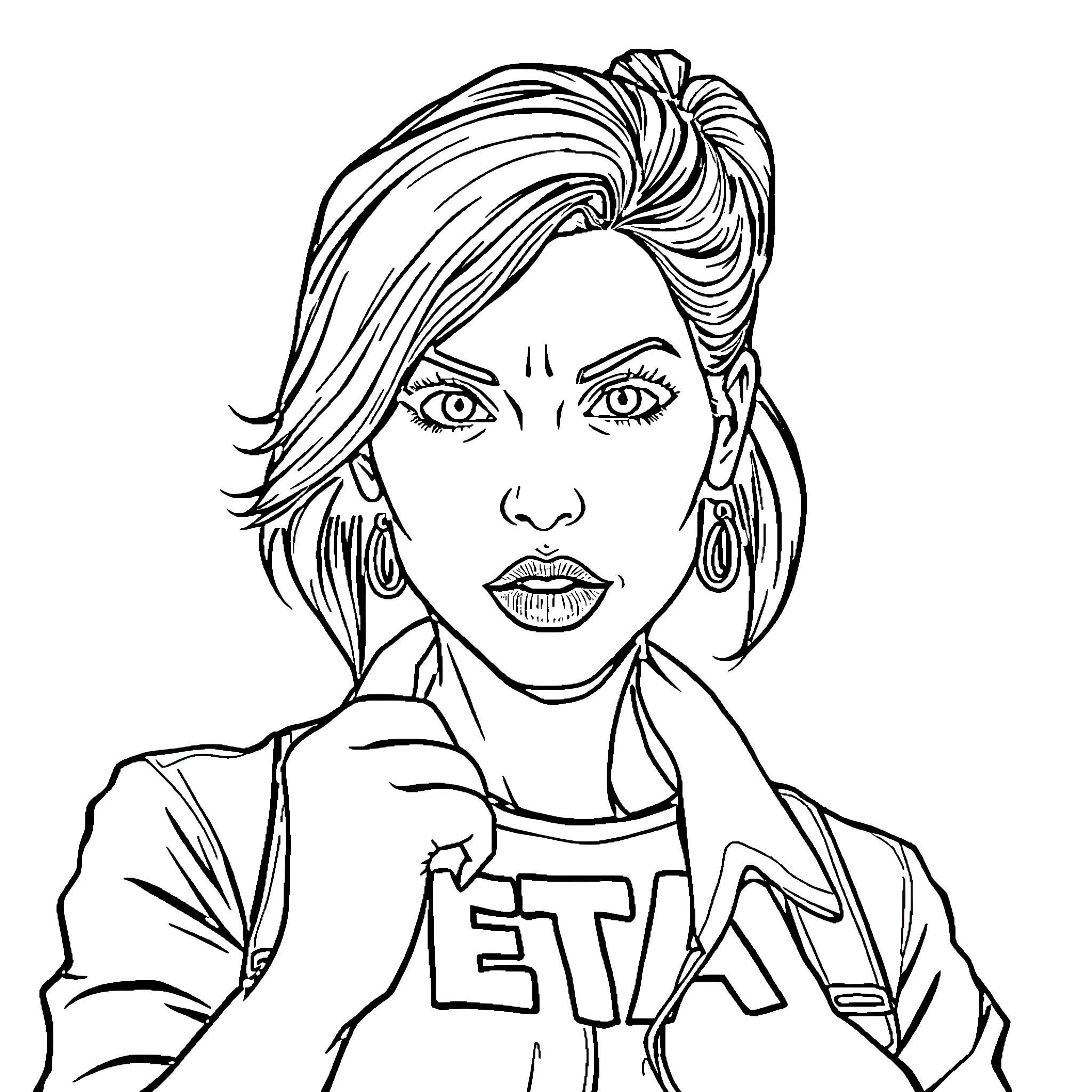 PETA Jensen in a thoughtful expression Coloring Page (free black-and-white line drawing printable PDF for all, from beginners to advanced learners, including children, teens, adults, and seniors)