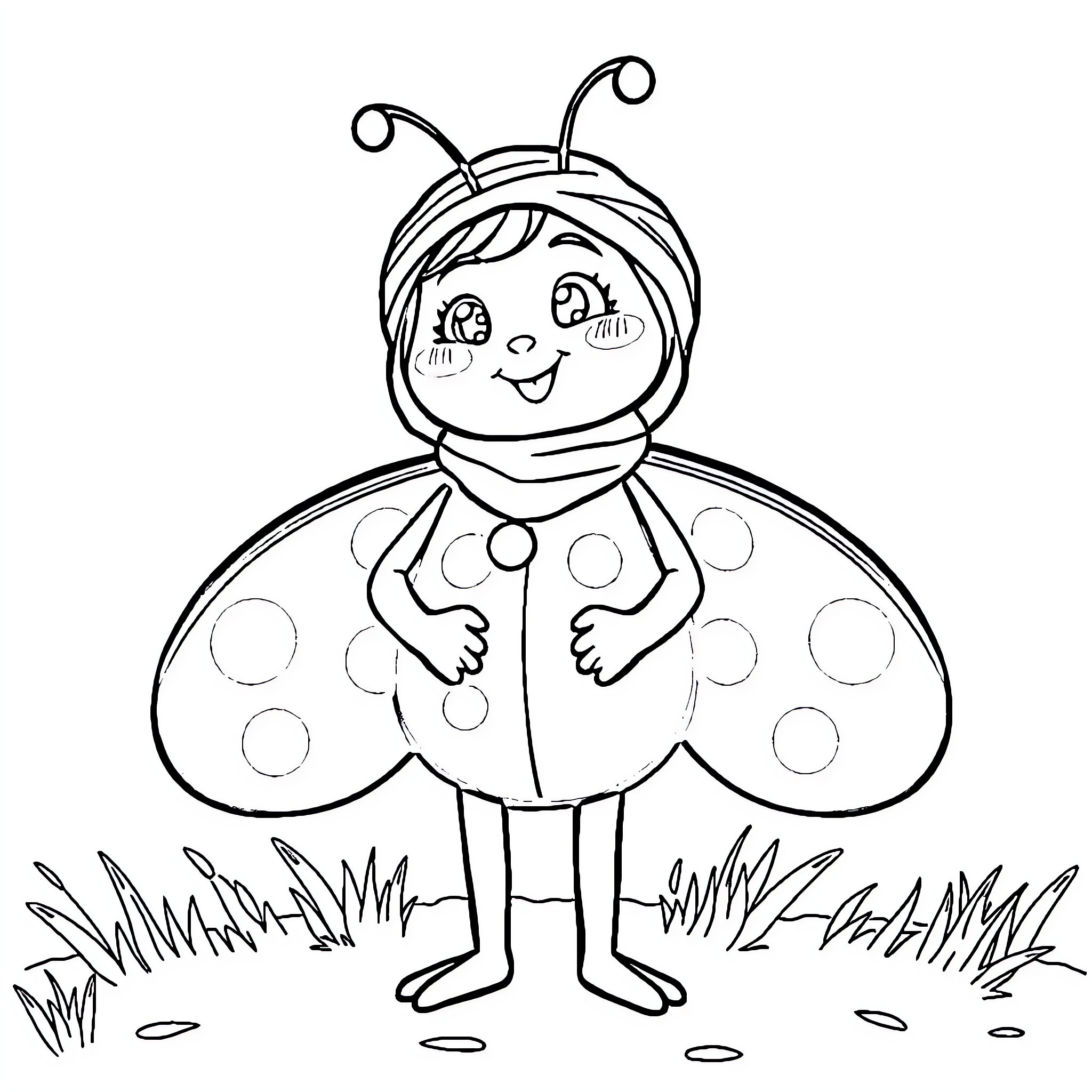 Ladybug child in a happy costume Coloring Page (free black-and-white line drawing printable PDF for all, from beginners to advanced learners, including children, teens, adults, and seniors)